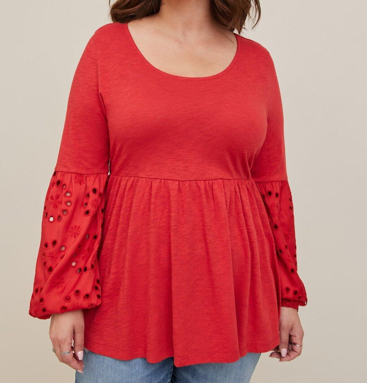 Torrid Modal Slub Scoop Neck Eyelet Sleeve Inset Top Red 2 2X 18 20 #H95584