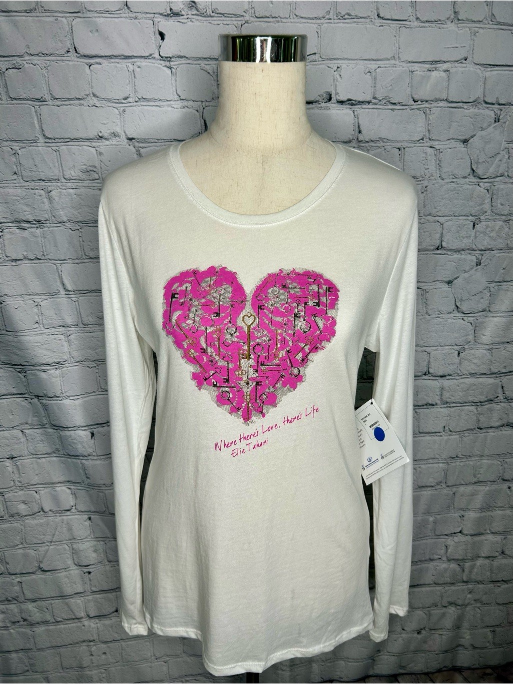 Elie Tahari Graphic Long Sleeve T Shirt White Pink Heart Womens Large