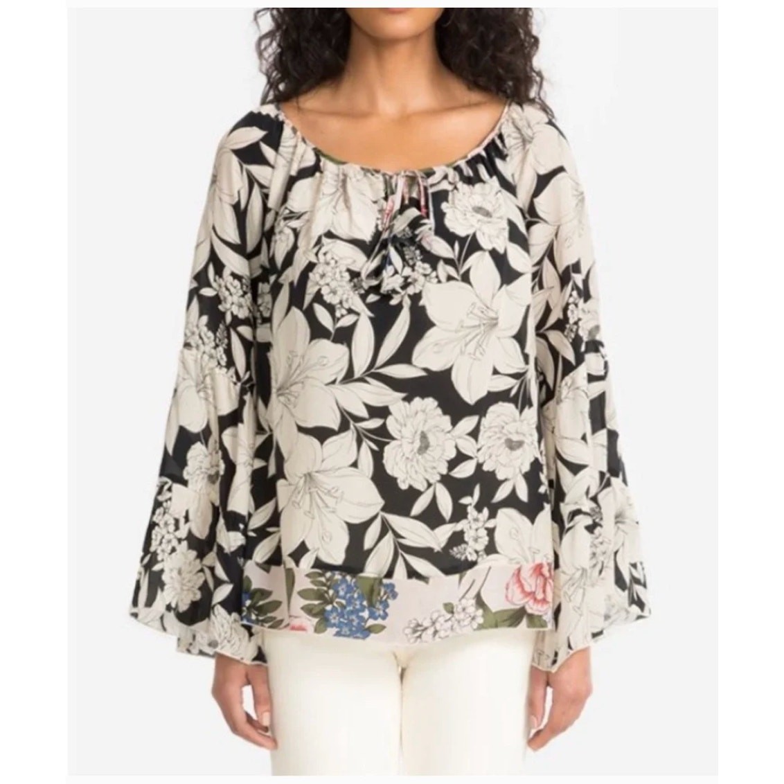 Johnny Was Jade Eva Tiered Silk Blouse 1X Black Cream Floral Boho Tunic EUC