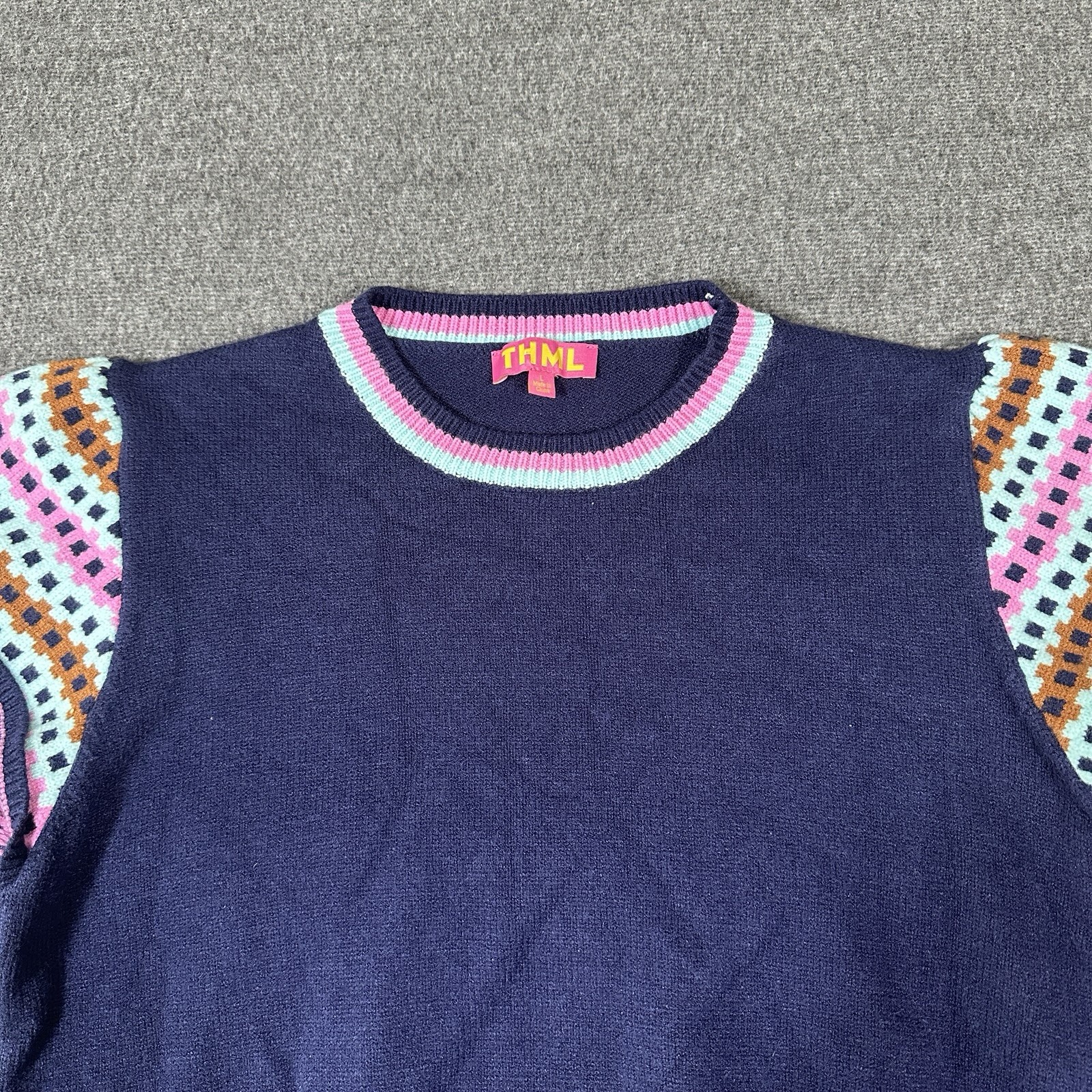 THML Flutter Cap Sleeve Knit Sweater Top Women’s Size Large Navy Blue Boho
