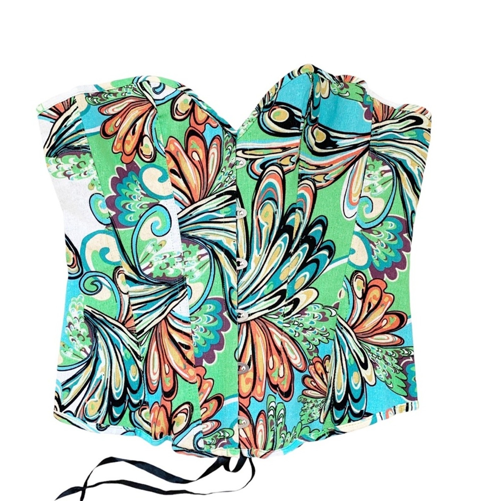 Alivila Retro Inspired Multicolor Printed Denim Lace Up Back Corset Bustier XL