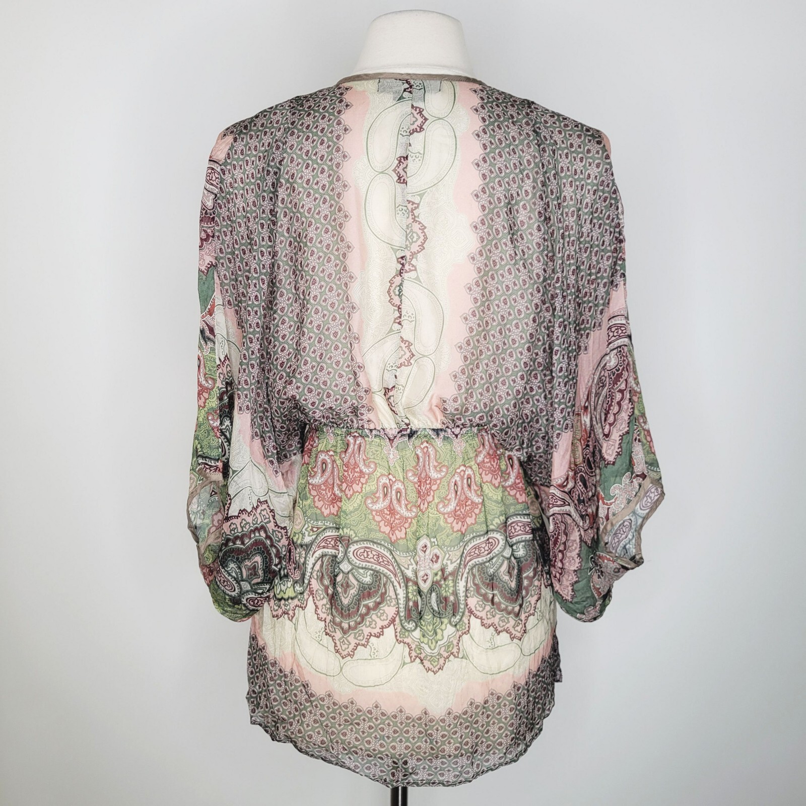 KAREN KANE 100% Silk Paisley Kimono Top Size M Tie Waist Delicate Sheer Cover Up