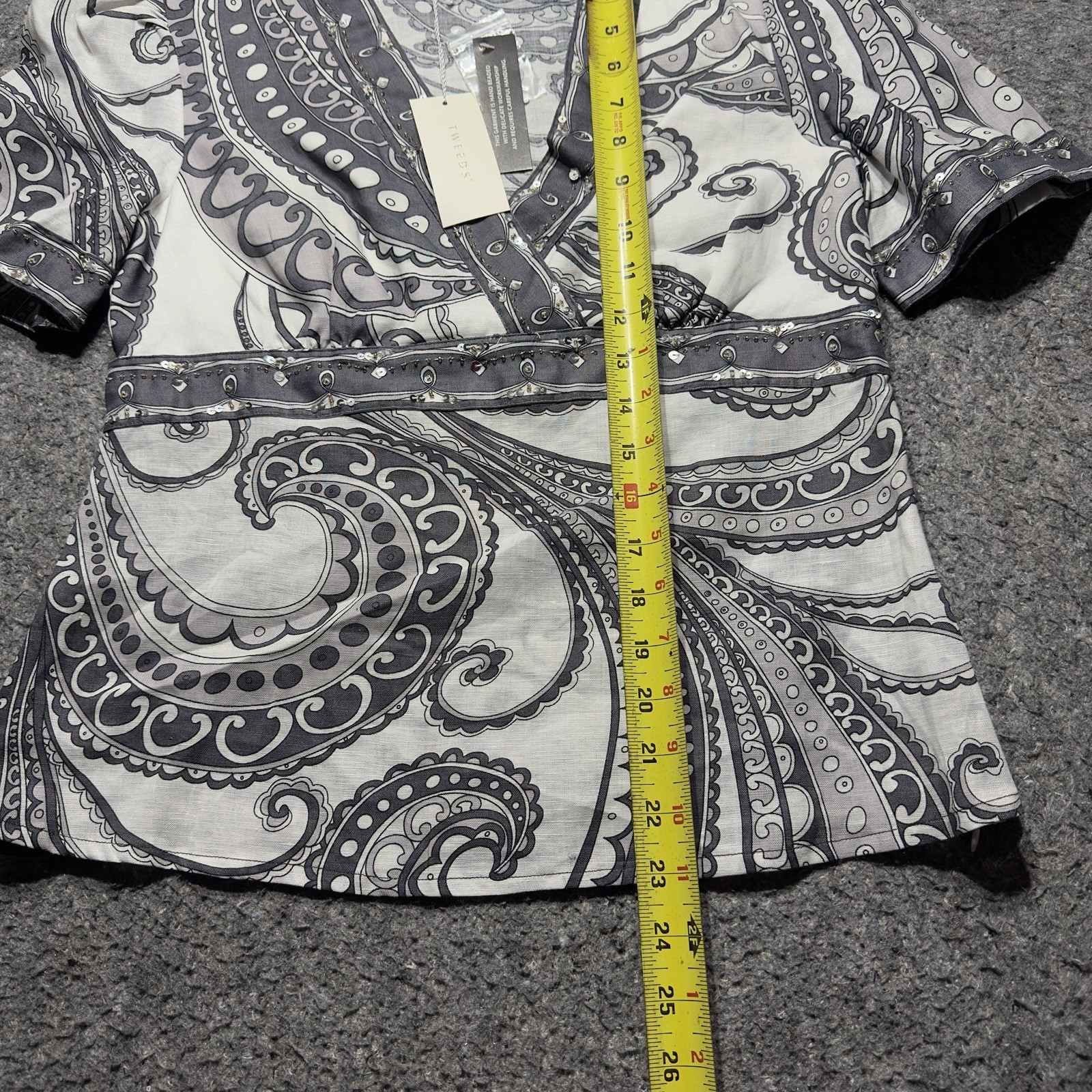 NWT Tweed V-Neck 100% Linen Sleeveless White&Grey Paisley Print Sz S Pullover