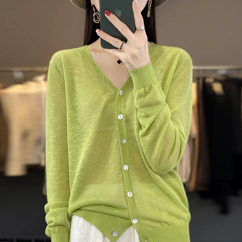 Summer V-Neck Long Sleeve Loose Transparent Cardigan Air Conditioned Shirt