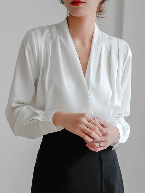 Womens Long Sleeve Shirt Silk Stain V-Neck French Office Lady Summer Blouse Tops