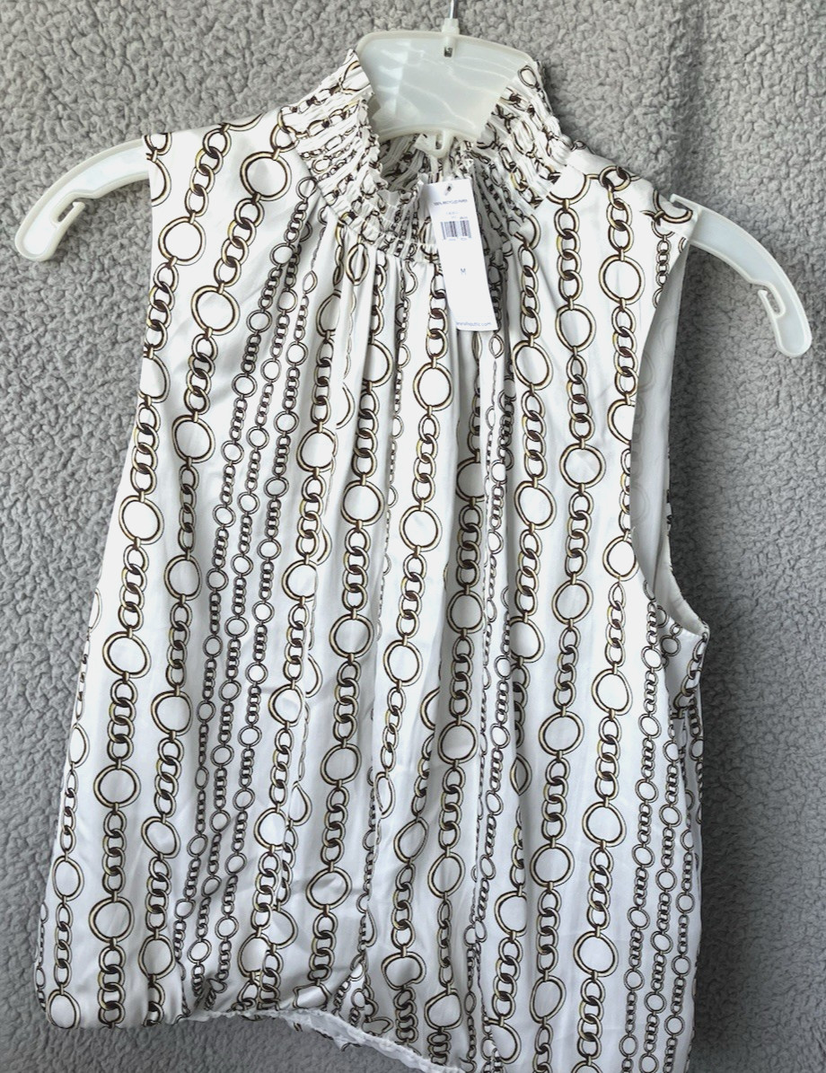 BANANA REPUBLIC Sleeveless High Neck Blouse Womens MEDIUM Chain Print White Gold