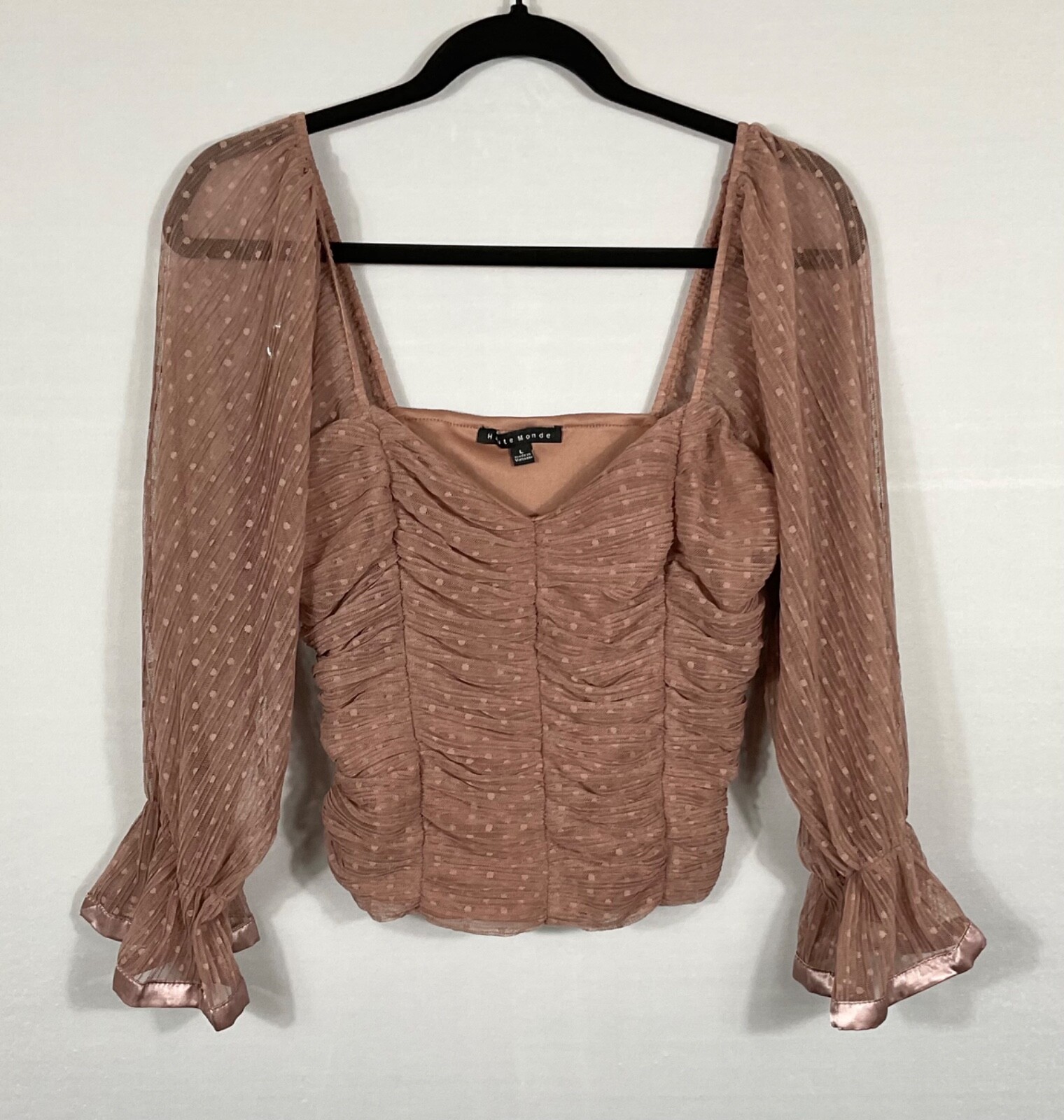 Haute Monde Top Womens Large Carmel Ruched Crop Zip Up Long Sheer Bell Sleeve