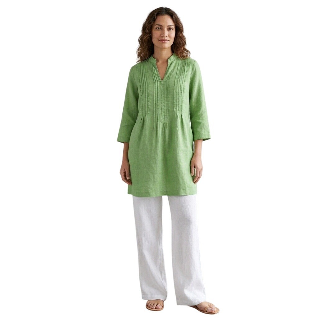 J. Jill Women Size Small Green 100% Linen Pintuck Lace Trim 3/4 Sleeve Tunic Top