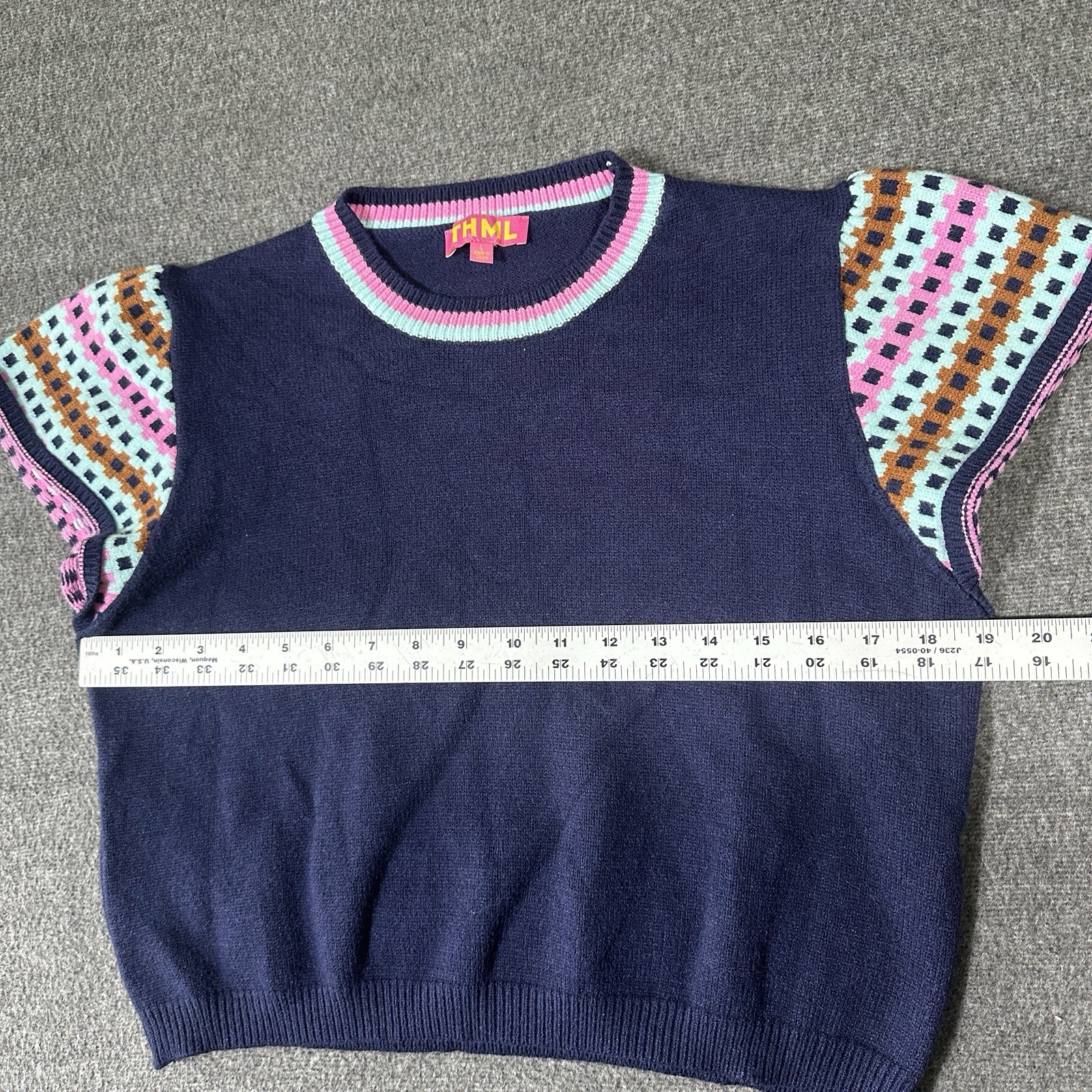 THML Flutter Cap Sleeve Knit Sweater Top Women’s Size Large Navy Blue Boho