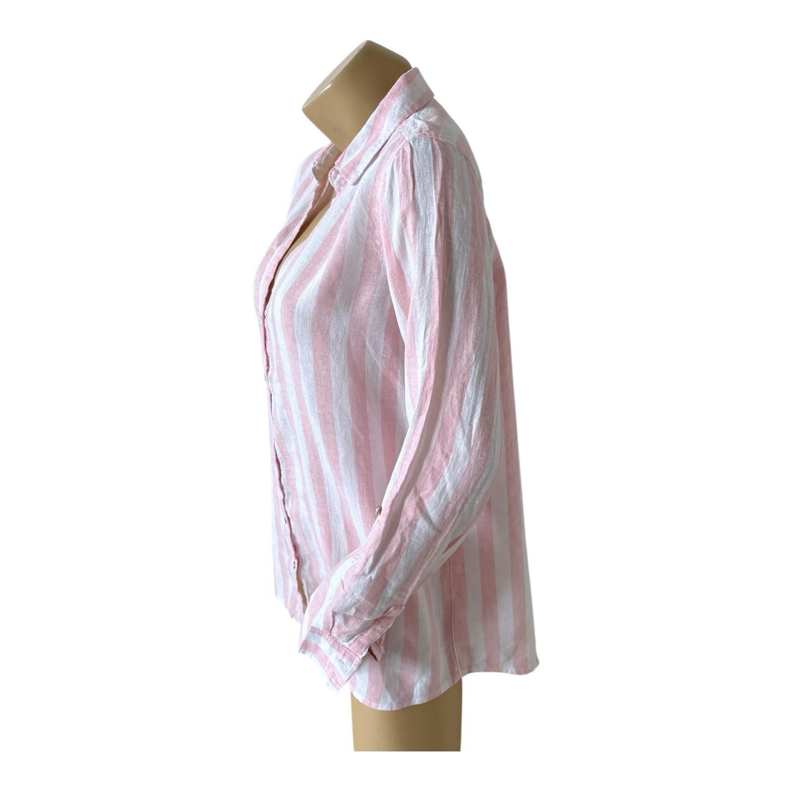 C&C California Pink White Stripe Linen Button Up Tunic Convertible Sleeve Medium