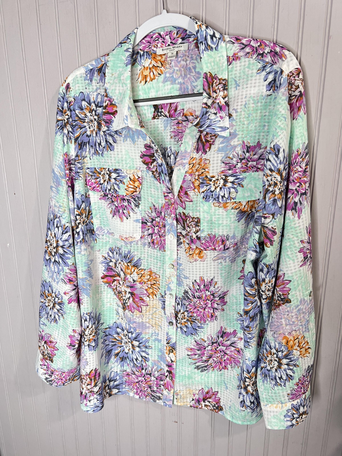 Studio Works Shirt Womens 3X Multicolor Floral Button Long Sleeve Lightweight