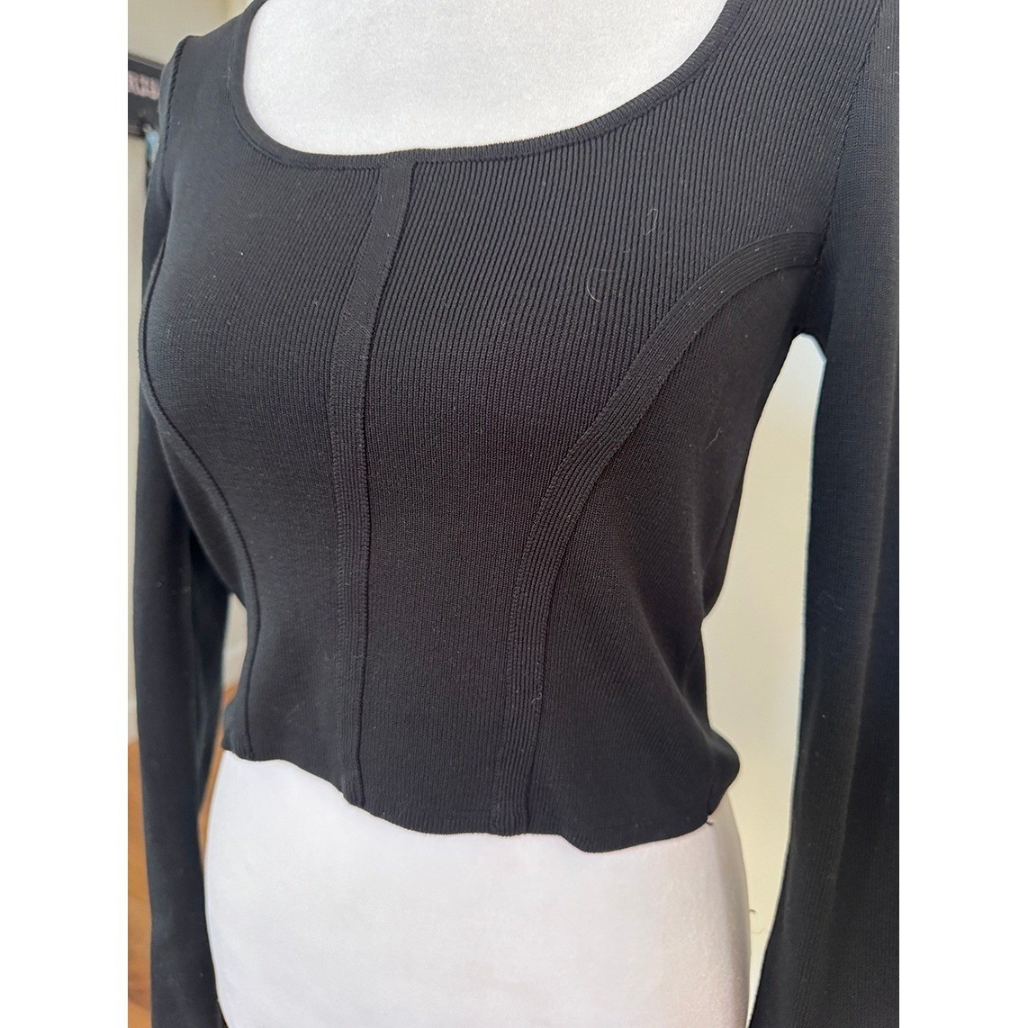Womens Black Long Sleeve Ribbed Knit Crop Top Square Neck Size Small