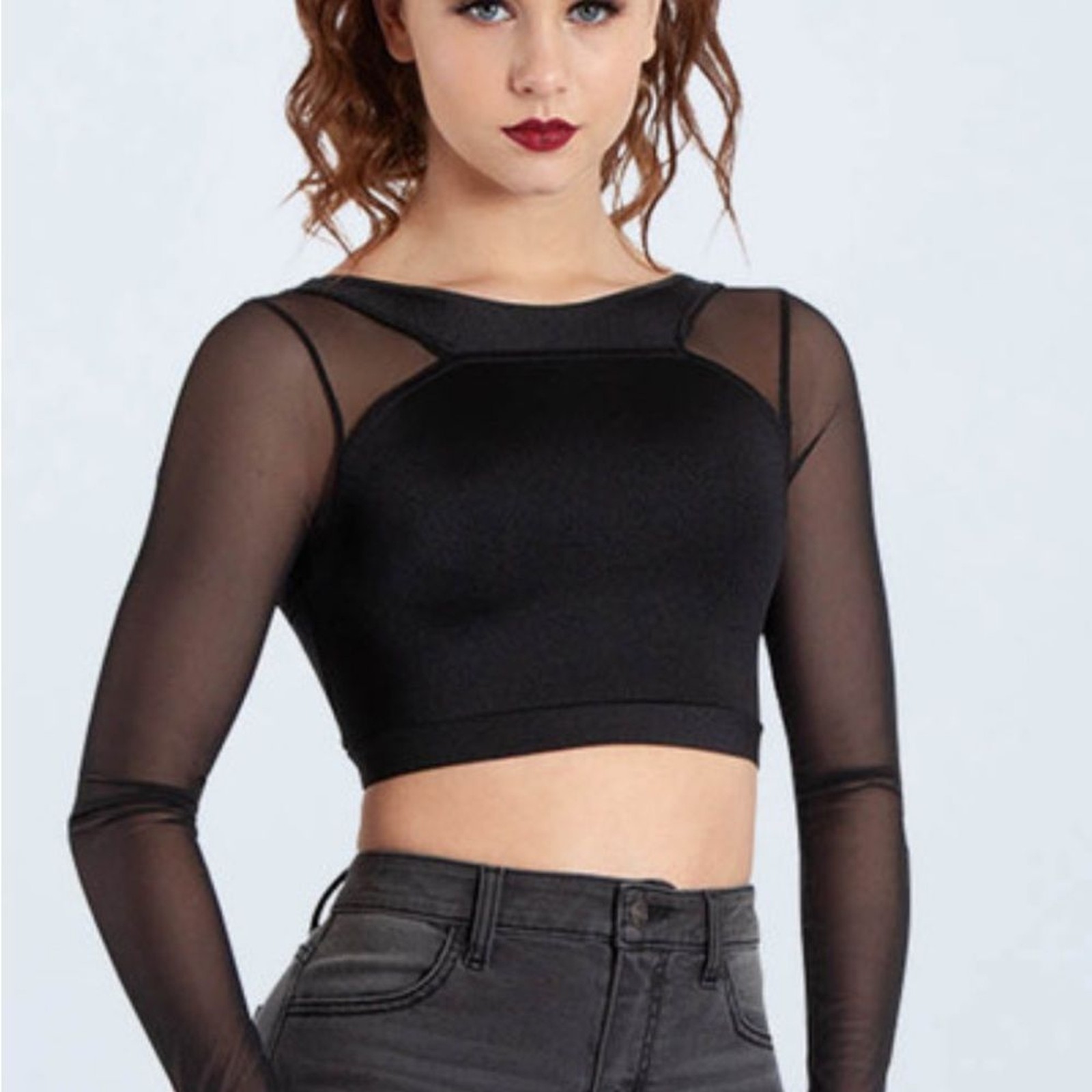Balera Black Mesh-Sleeve Dance Crop Top Sports Bra Medium