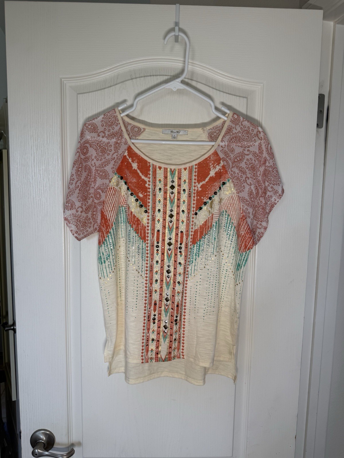 Miss Me Boho Southwestern Embellished Top Size S Small Rhinestone Studded Blouse