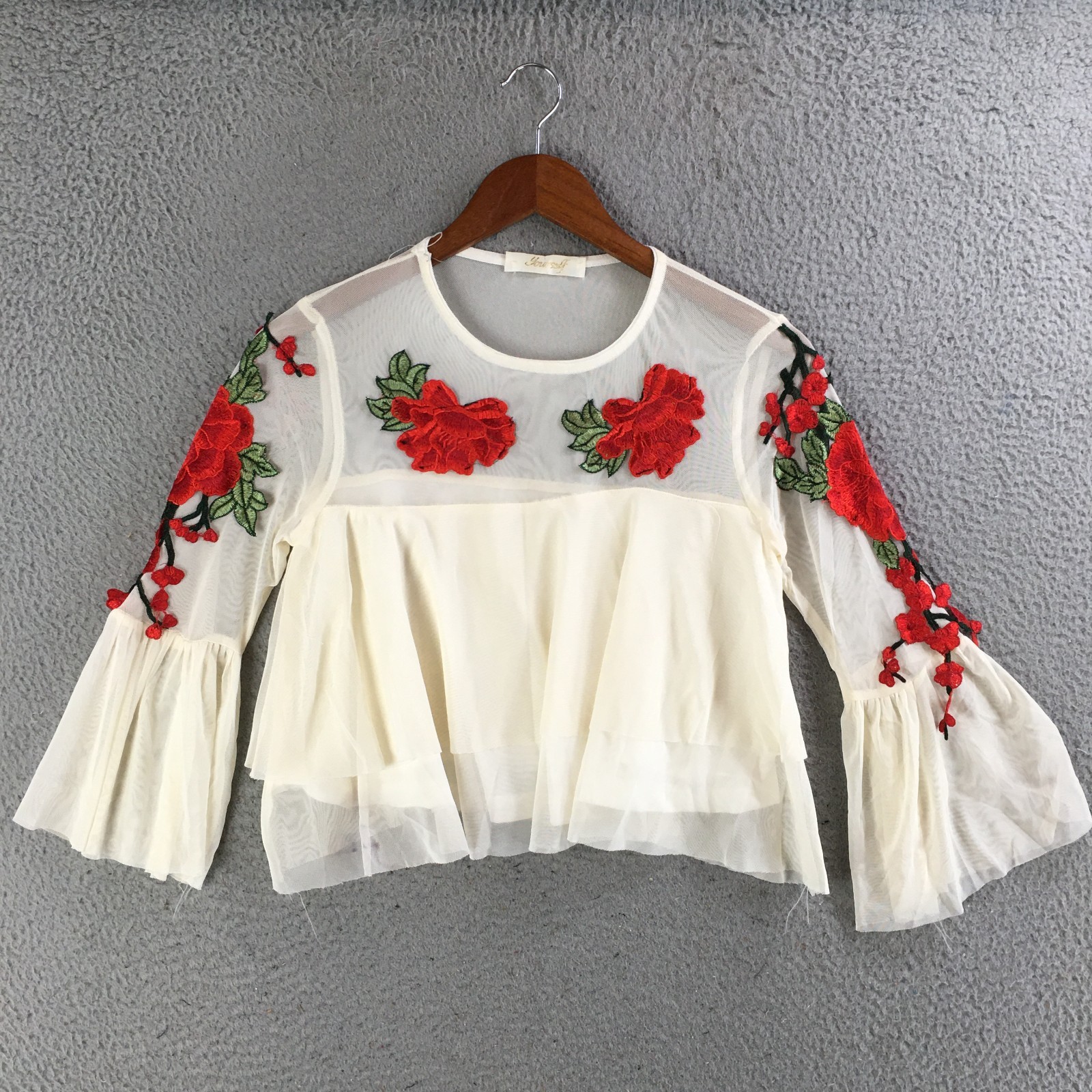 Yourself Blouse Womens S Bell Sleeve Sheer Mesh Embroidered Casual Floral Ivory