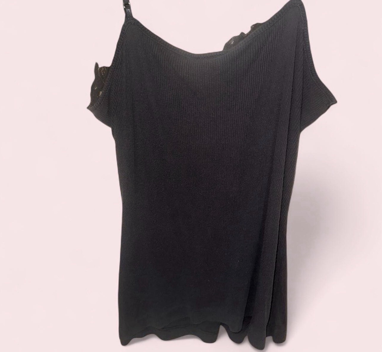 Worthington Women’s Black Stretch Knit Lace Trim V-Neck Short Sleeve Top L