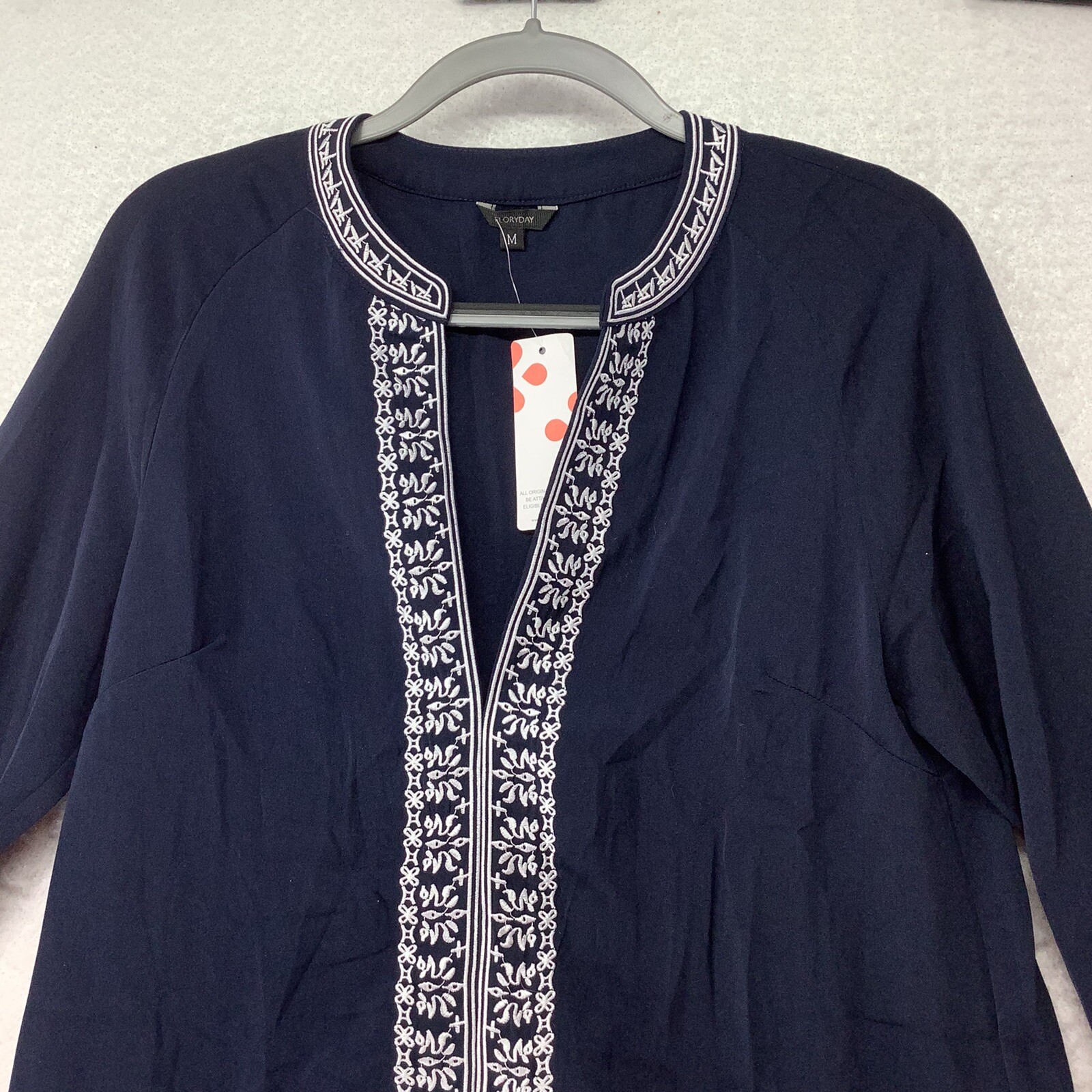 Floryday Women’s Navy and White Embroidered Blouse Top Size M