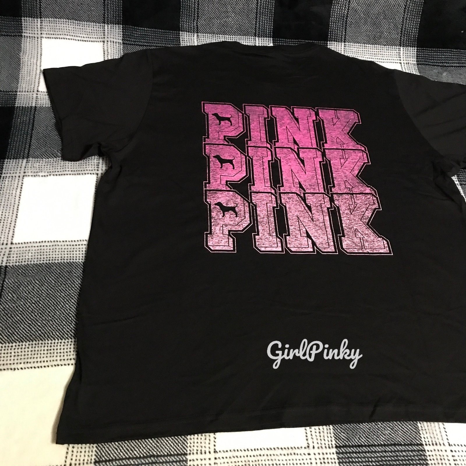 VS PINK BLACK FRIDAY SS CAMPUS COTTON TEE IN BLACK PINK & MINI DOG LOGO LARGE