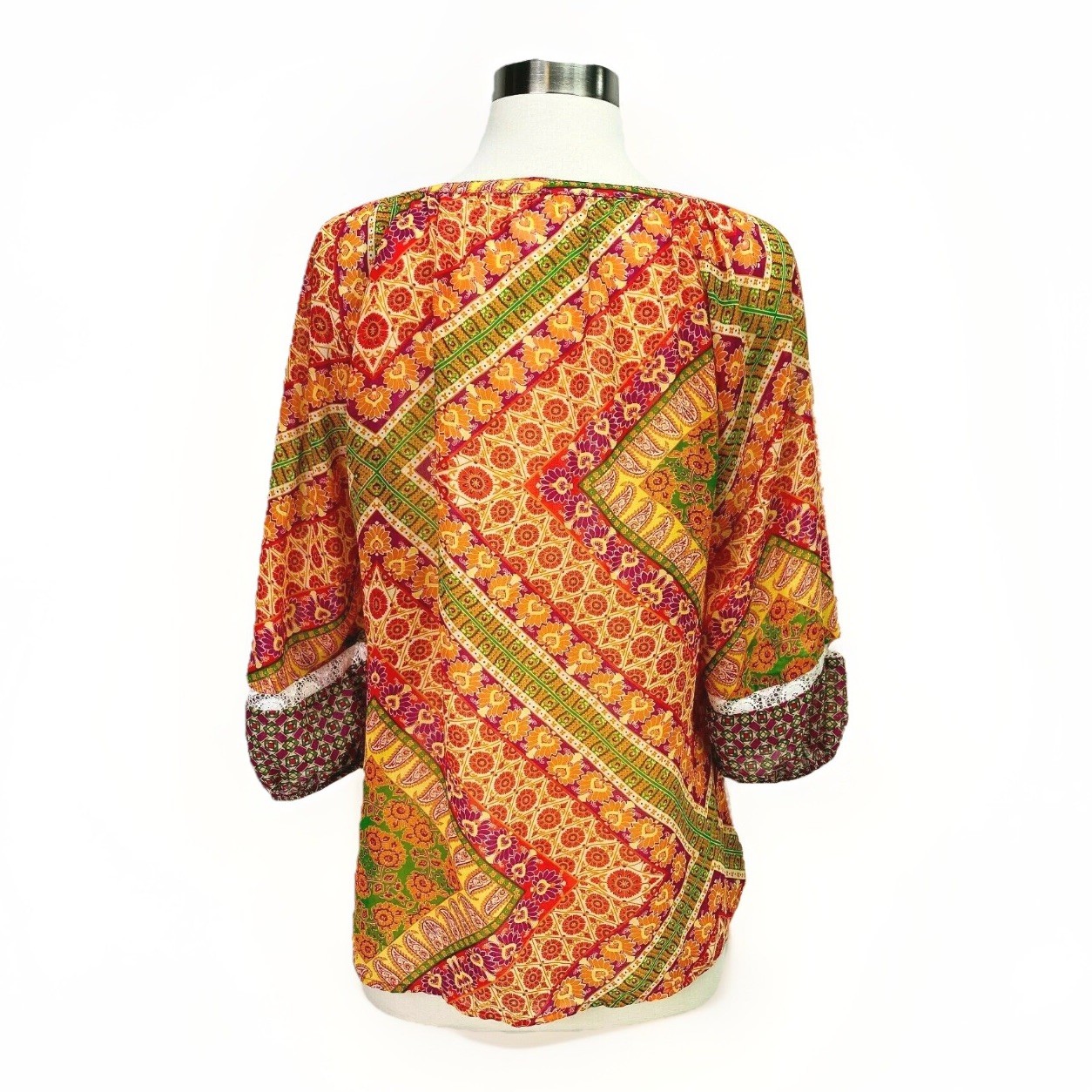 Fig & Flower Peasant Top Womens S Colorful Mixed Print Boho Semi Sheer