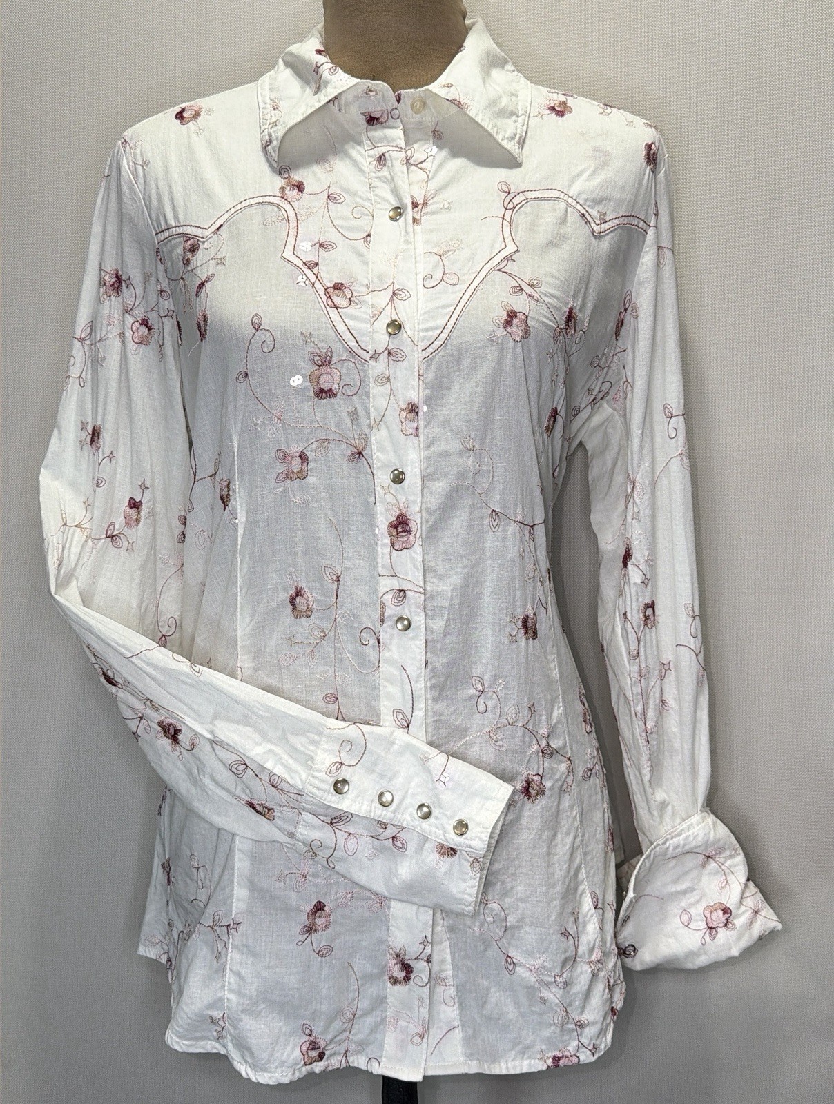 Roper Western Pearl Snap Button Up Floral Sequined Shirt Coastal Cowgirl Sz L