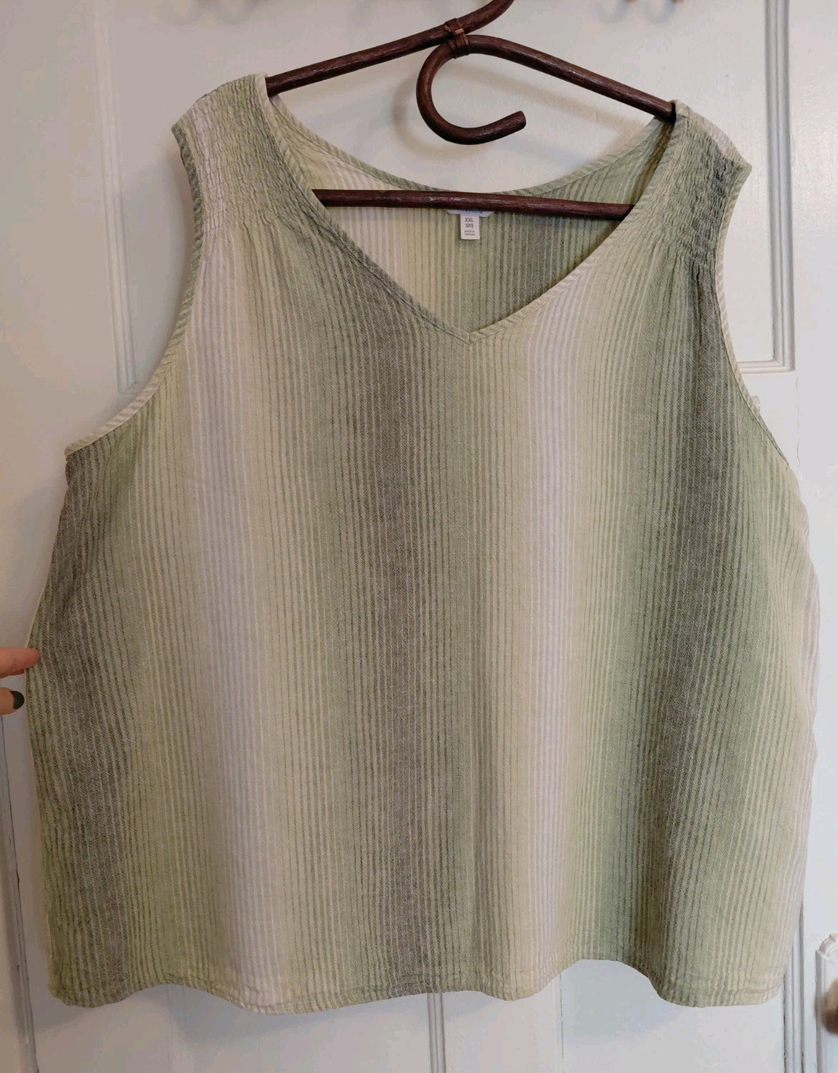 Green, White, Gray Striped Linen Blend V-Neck Tank Easy Breezy Boxy Fit XXL/20
