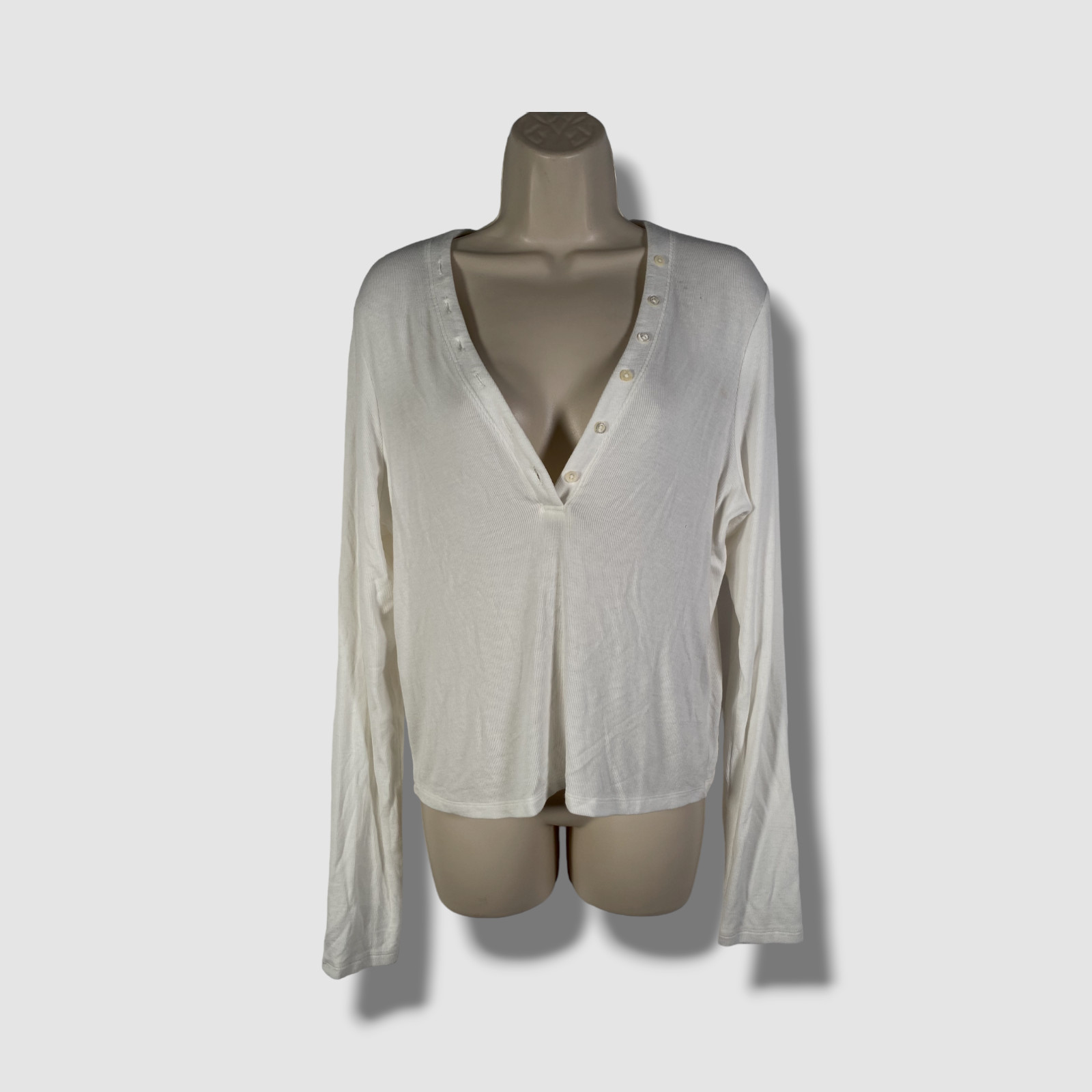 $178 Frame Women’s White Slinky Long Sleeve V-Neck Rib Knit Henley Top Size XL