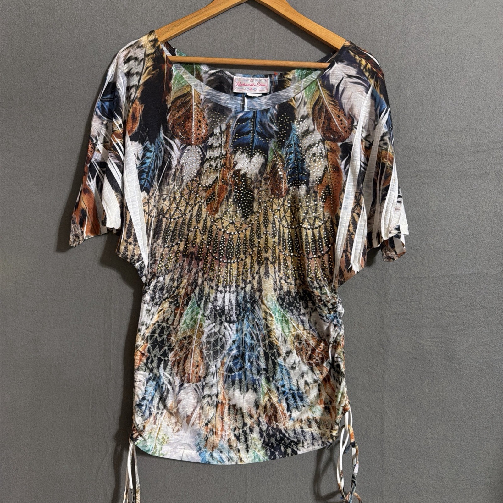 VTG Panhandle Slim Wm’s SZ L Western rhinestone FeatheredPrint Ruched Shirt USA