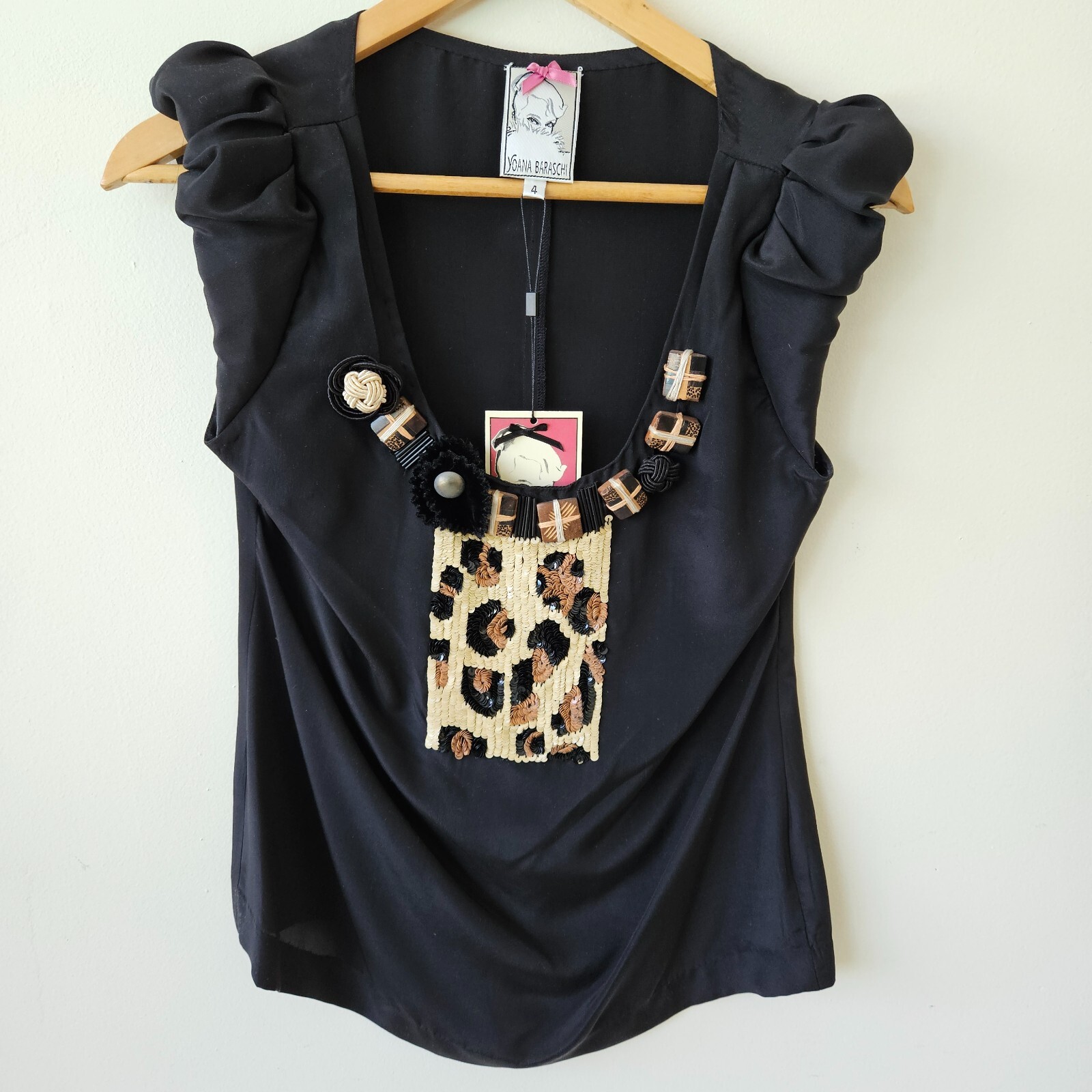 YOANA BARASCHI Black Silk Sequin Detail Blouse Top Size 4 NWT $248