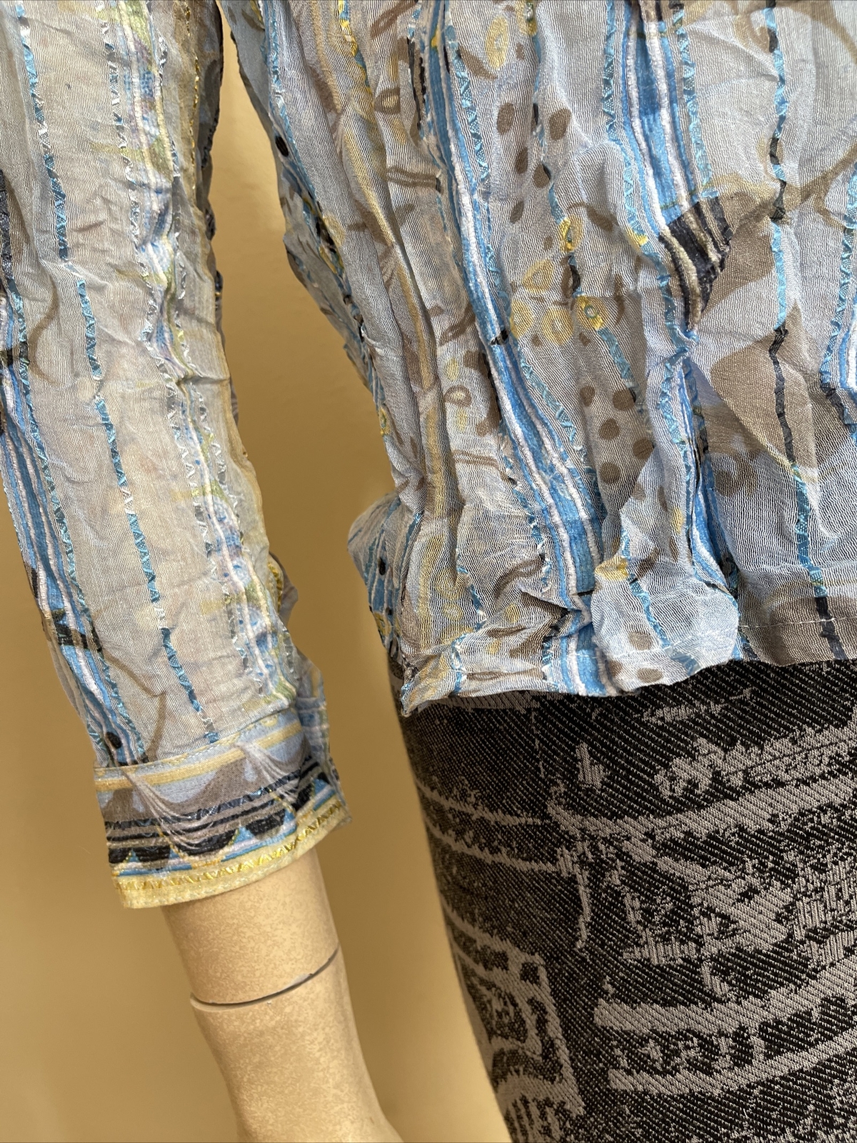 Women’s Light Blue Floral Polyester Casual Strip Pleat Size S Button Blouse Top