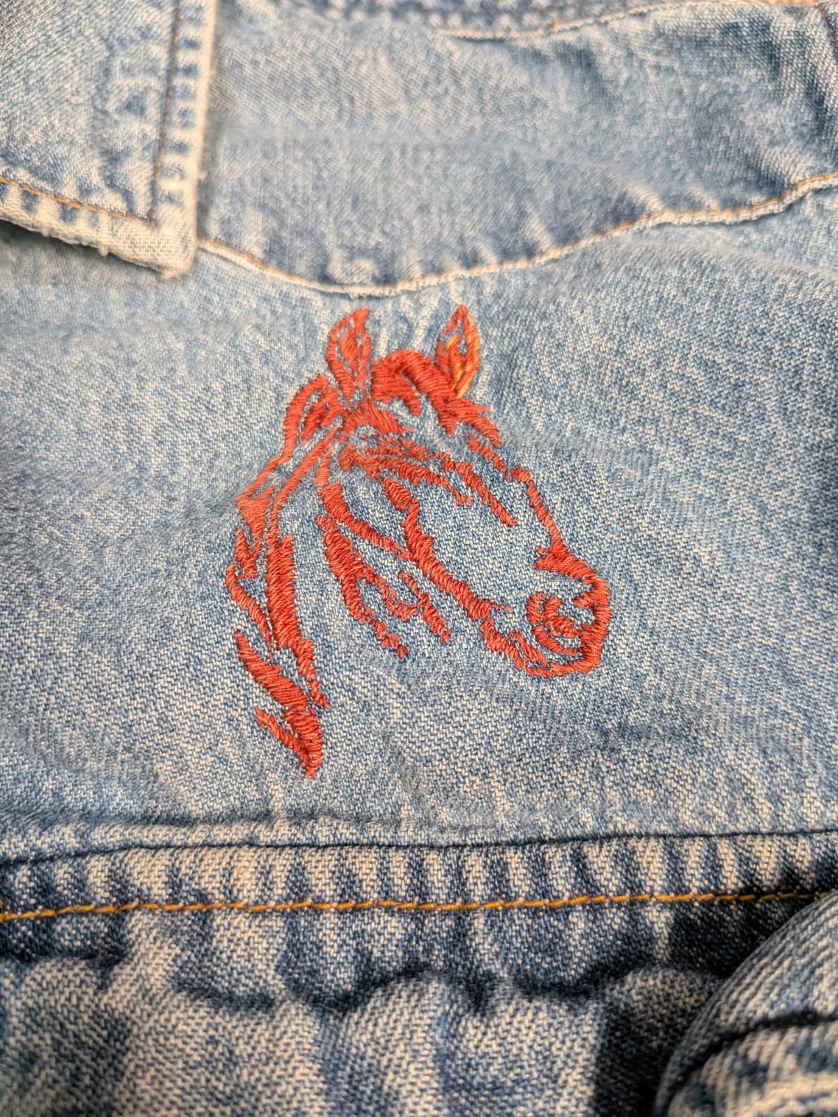 Vintage 90s Embroidered Denim Button Up Shirt Horse Boots Cowboy Western Large