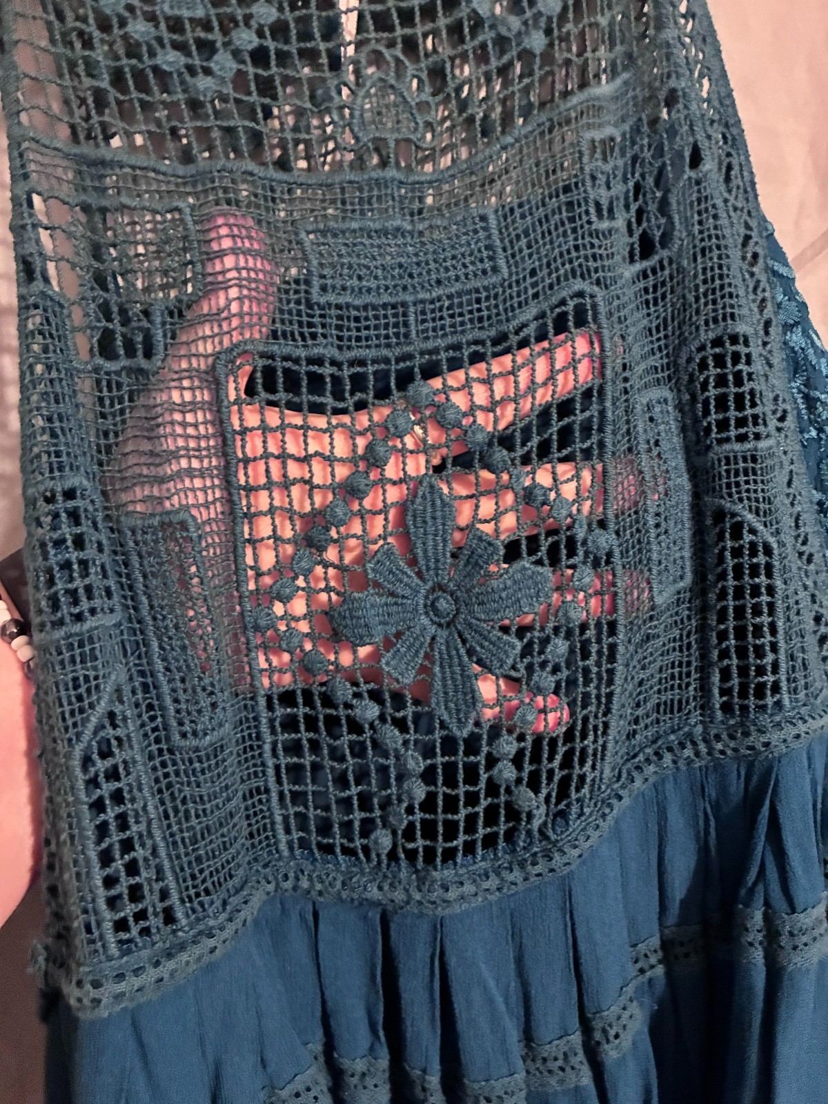 Free People Teal Crocheted spaghetti strap baby doll with flowy bottom size S
