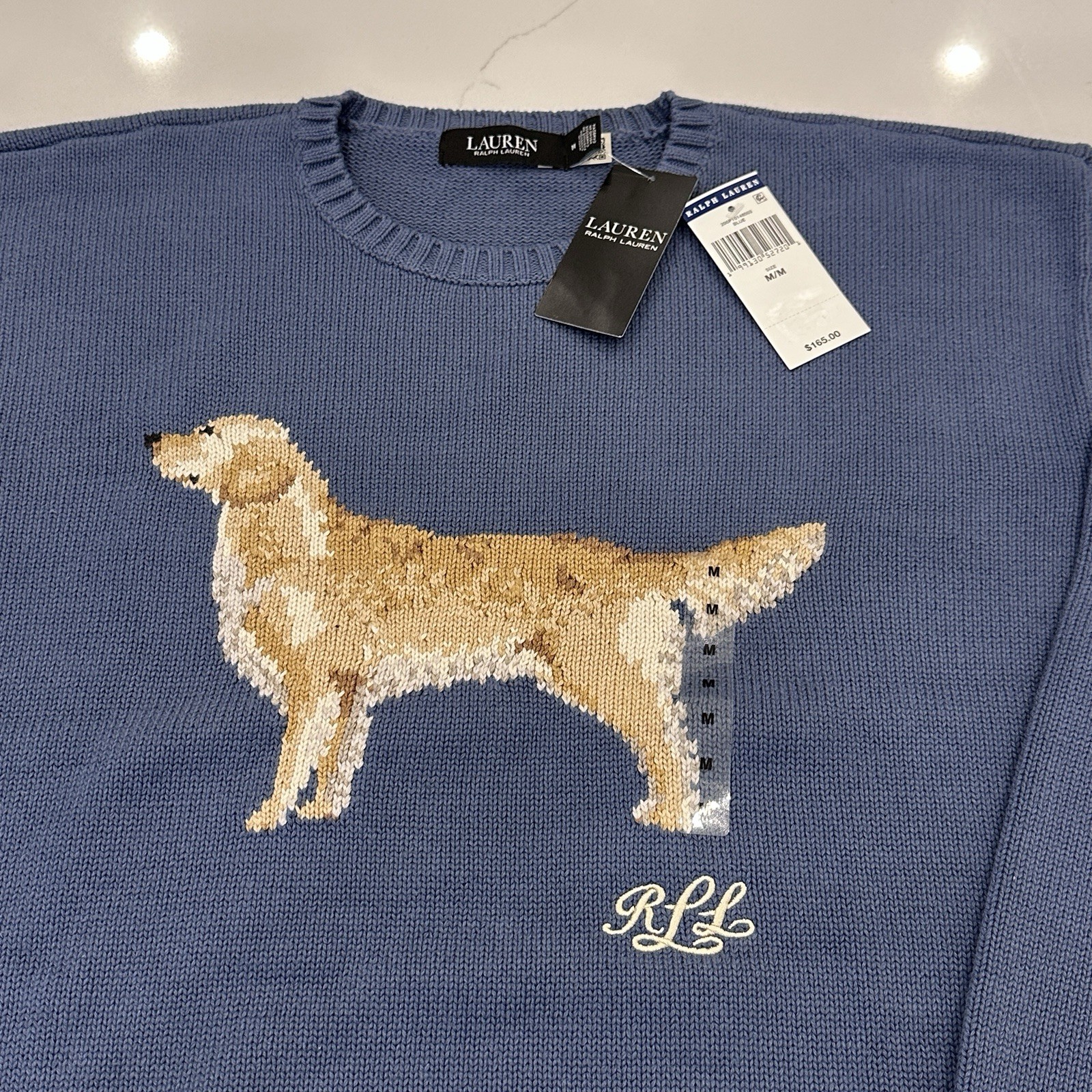 NWT Lauren Ralph Lauren Cotton Embroidered Dog Sweater, M, White Multi