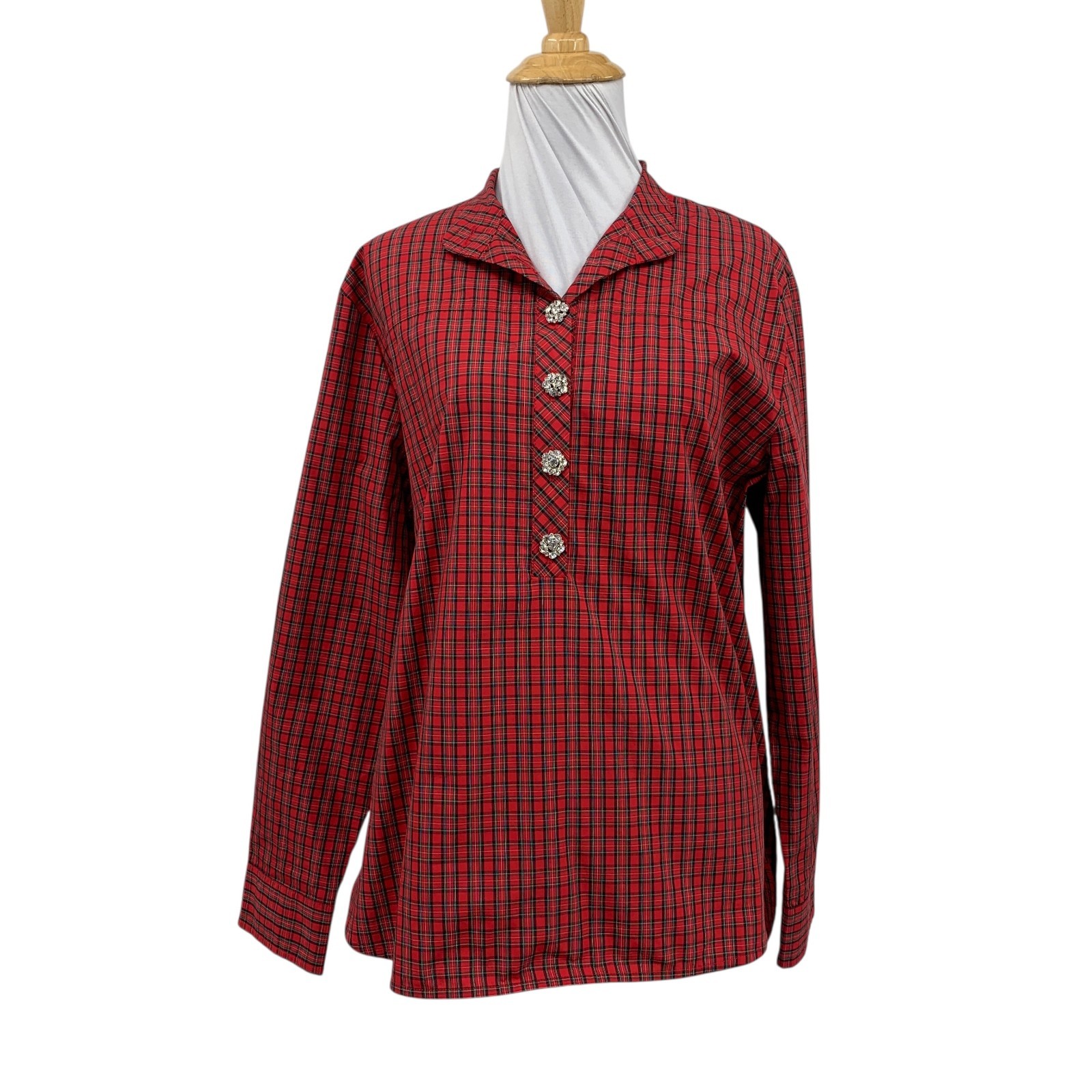 J Crew Shirt Womens 4 Cardinal Red Jeweled Button Popover Tunic Checkered Plaid