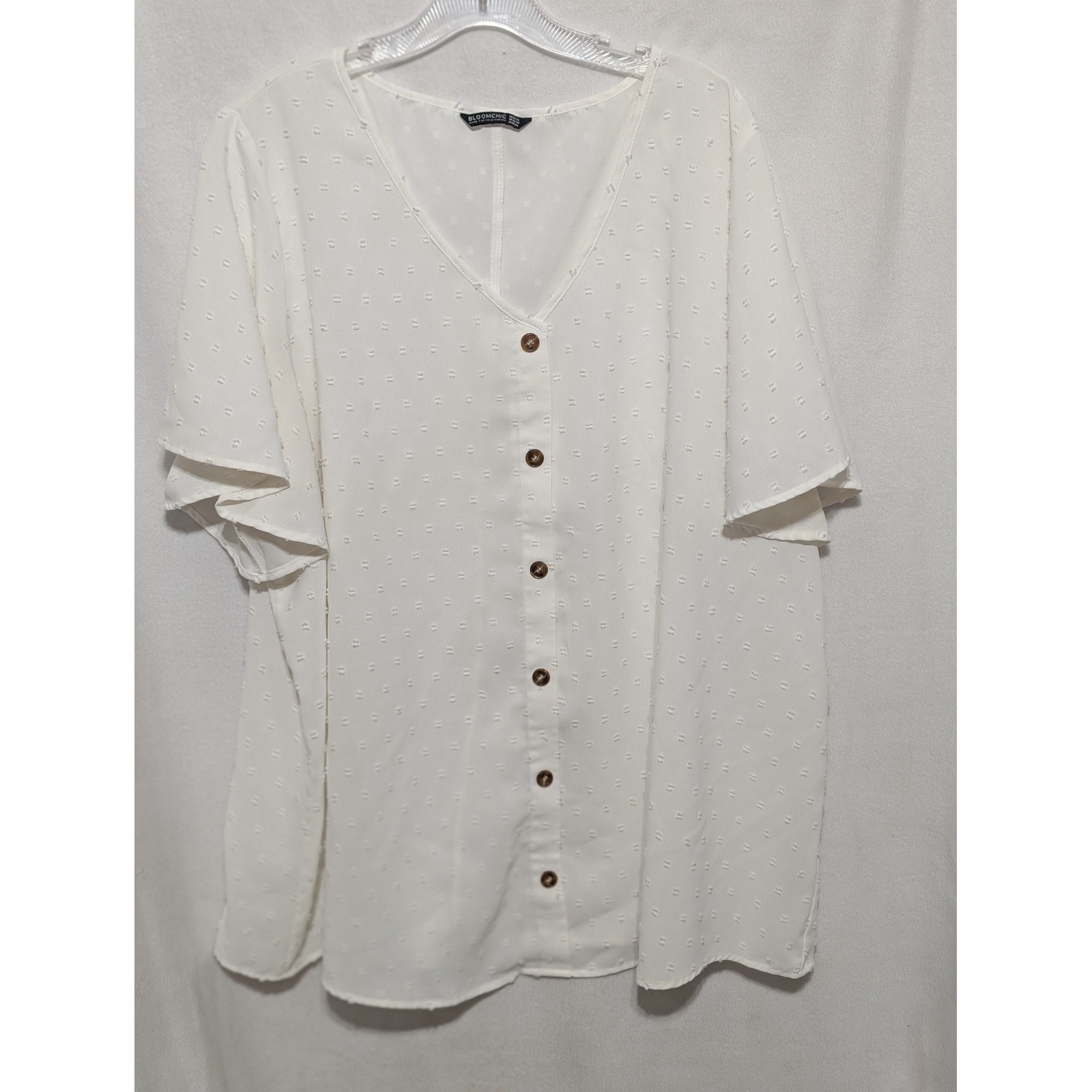Bloomchic White Swiss Dot V-Neck Button Down Blouse Short Sleeve Plus Size 22-24