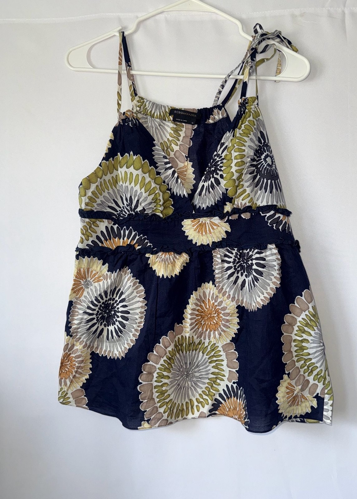 BCBGMAXAZRIA Floral Print Cotton Tie-Strap Ruffle Tank Top Size M Cottagecore