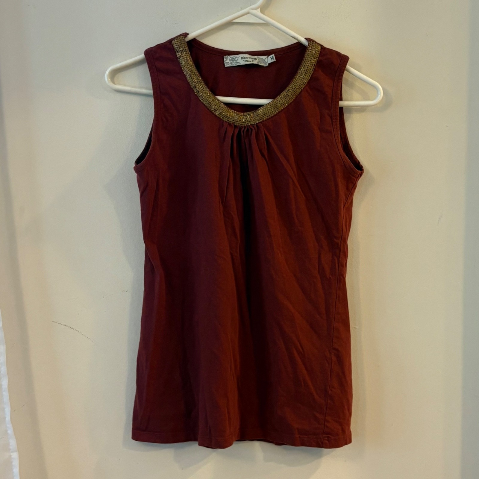 100% Cotton Burgundy Tank Gold Beading Neckline Size M Whimsygoth Embellished