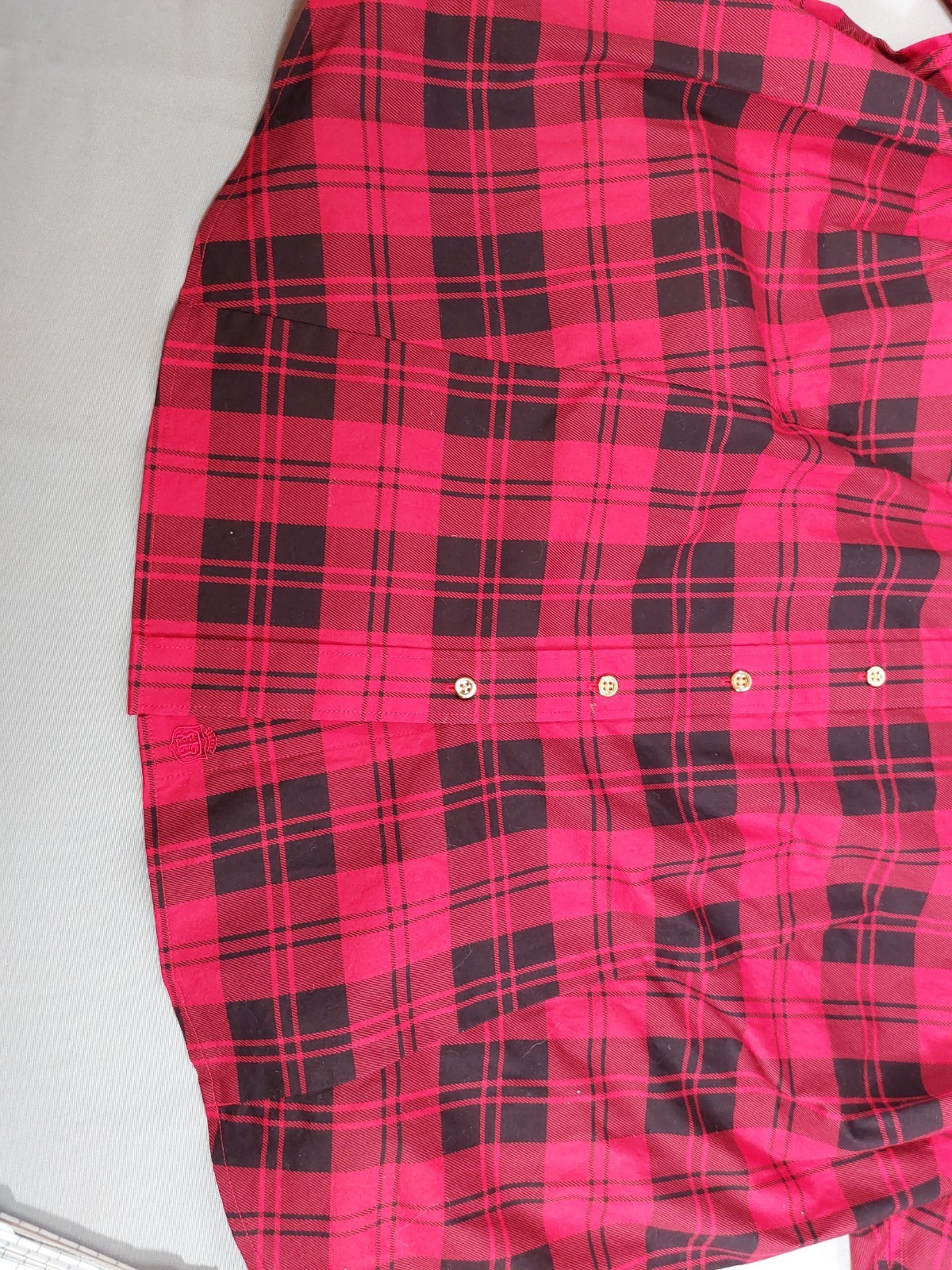 Talbots 22WP Red & Black Plaid Button Up Top Gold Buttons Collared Cotton Blend