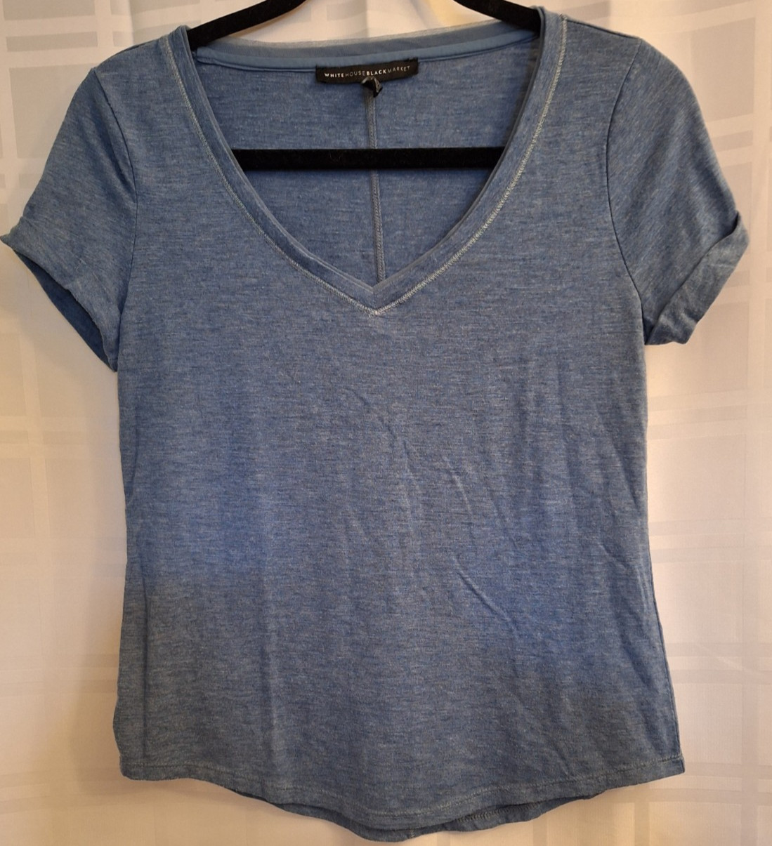 White House Black Market WHBM Blue V Neck Tee XXS Rolled Sleeves Mesh Neckline
