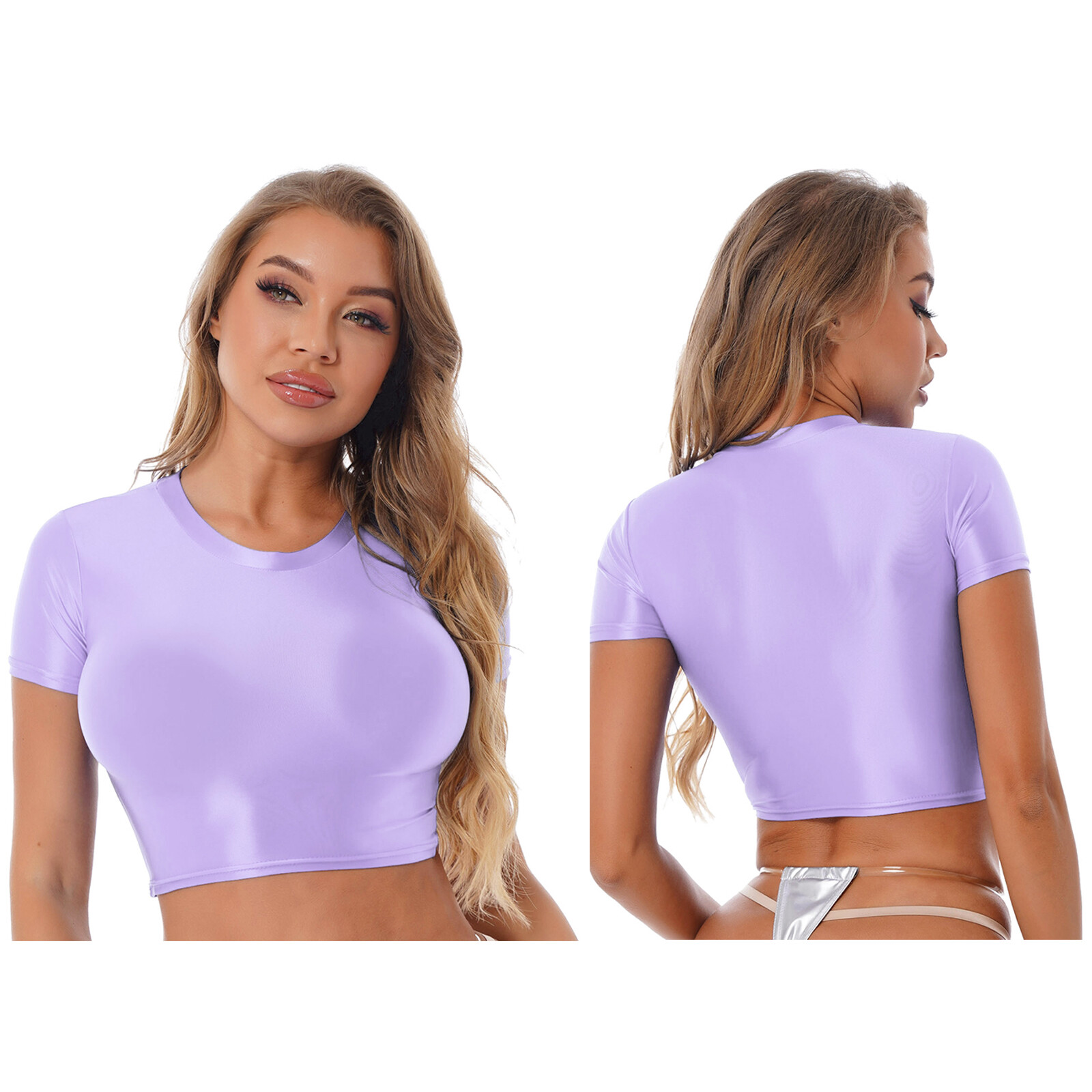US Women Swim Tops Sexy Smooth Short Sleeve Crop Top Slim Fit Tee shir