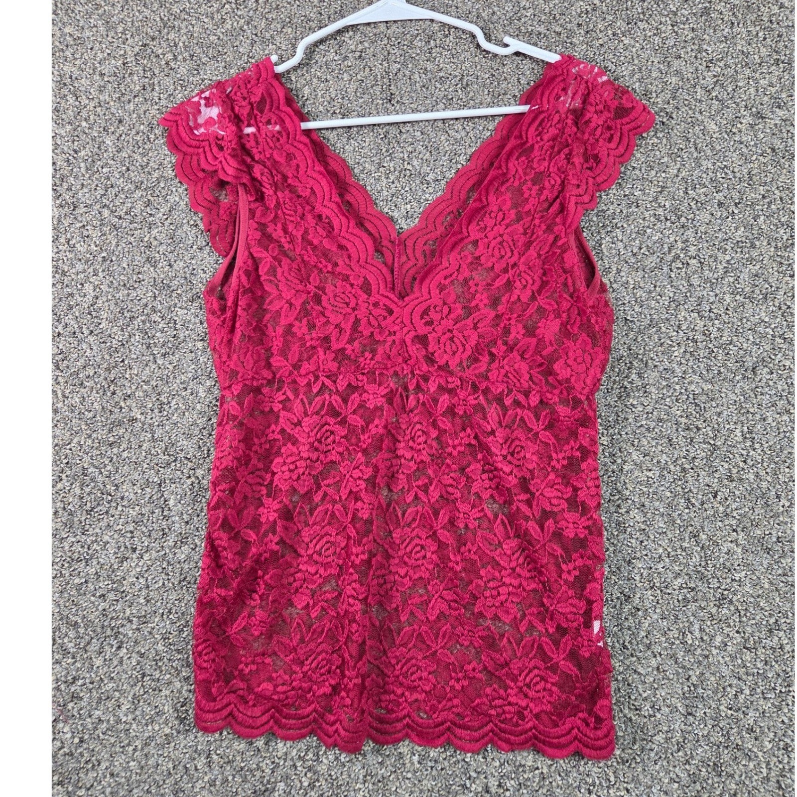 Unbranded Lace V-Neck Top Women Medium Fuchsia Pink Cap Sleeve Scalloped Hem