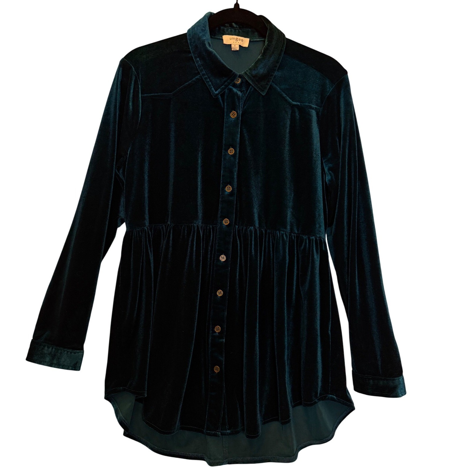 Umgee Velour Long Sleeve Babydoll Button Down Tunic Blue Size Small