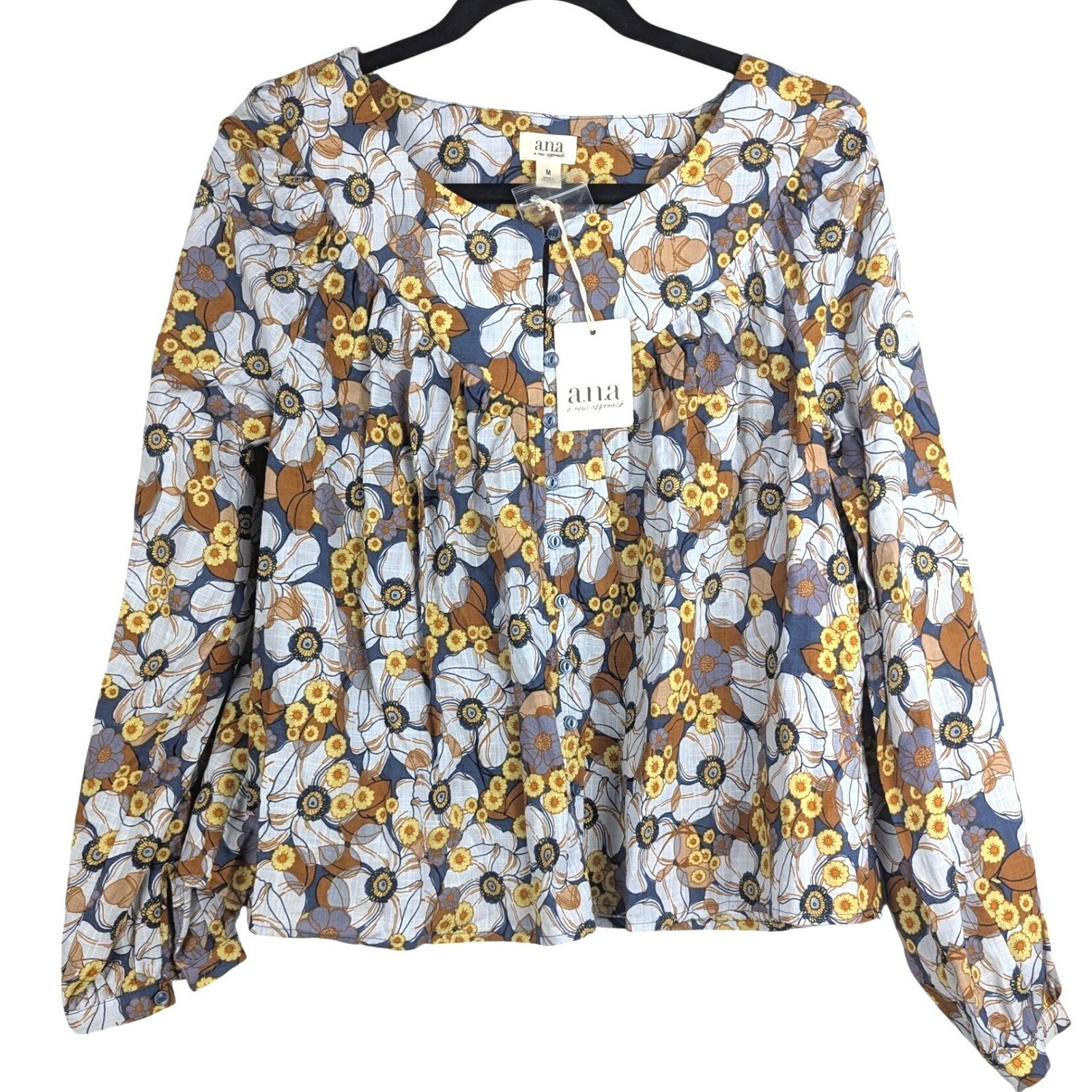 M NWT ANA A New Approach Floral Button Front Blouse Blue Mustard Yellow