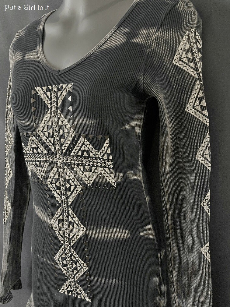 New VOCAL Womens EMBELLISHED STONE MINERAL DYED CHARCOAL AZTEC SHIRT S M L XL