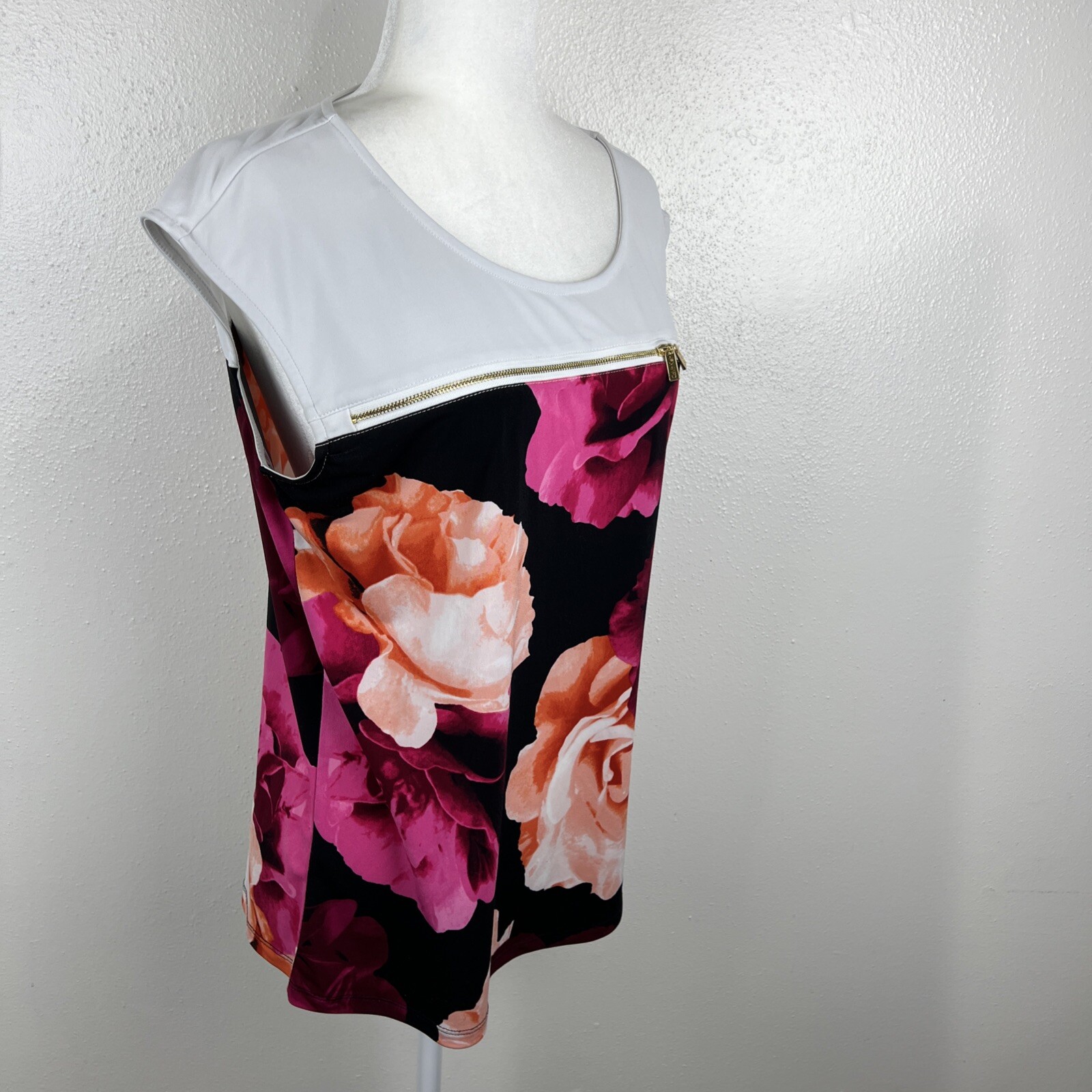 Calvin Klein Blouse Women Large White Black Floral Print Gold Zip Cap Sleeve Top