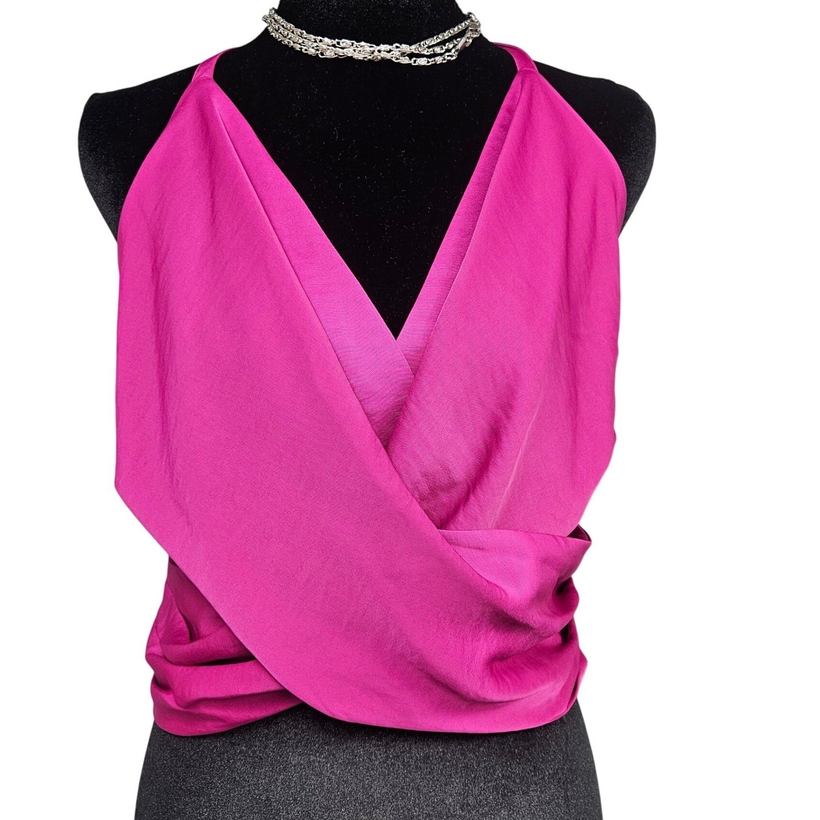 Express Womens Fuchsia Pink Satin Halter Wrap Top Open Back Tie Blouse NWT Med