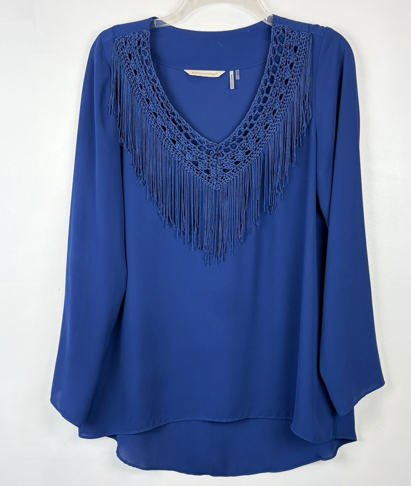 Soft Surroundings Crochet Fringe Top Womens Small Shirt Blouse Blue Old Money