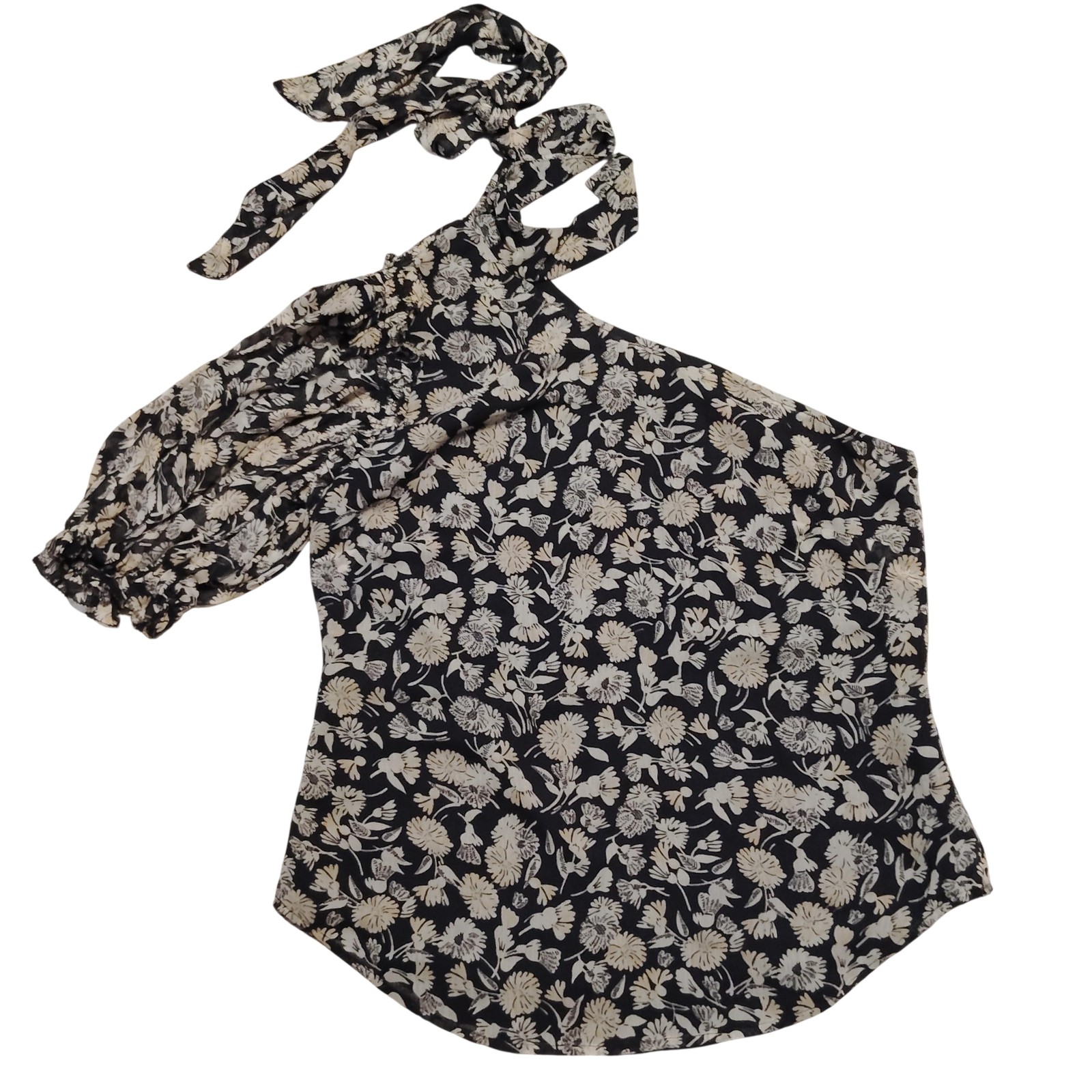 Polo Ralph Lauren Blouse Womens 8 Black Floral One Shoulder Puff SS Lined Sheer
