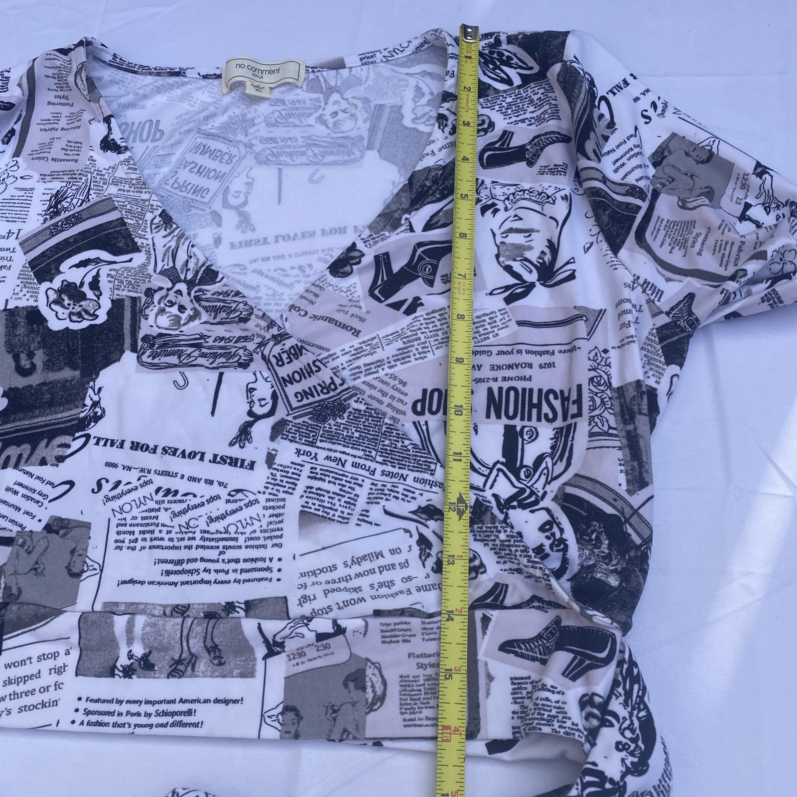 No Comment NY LA Wrap Blouse Sexy Newspaper Print Knit Tie Top Shirt XL