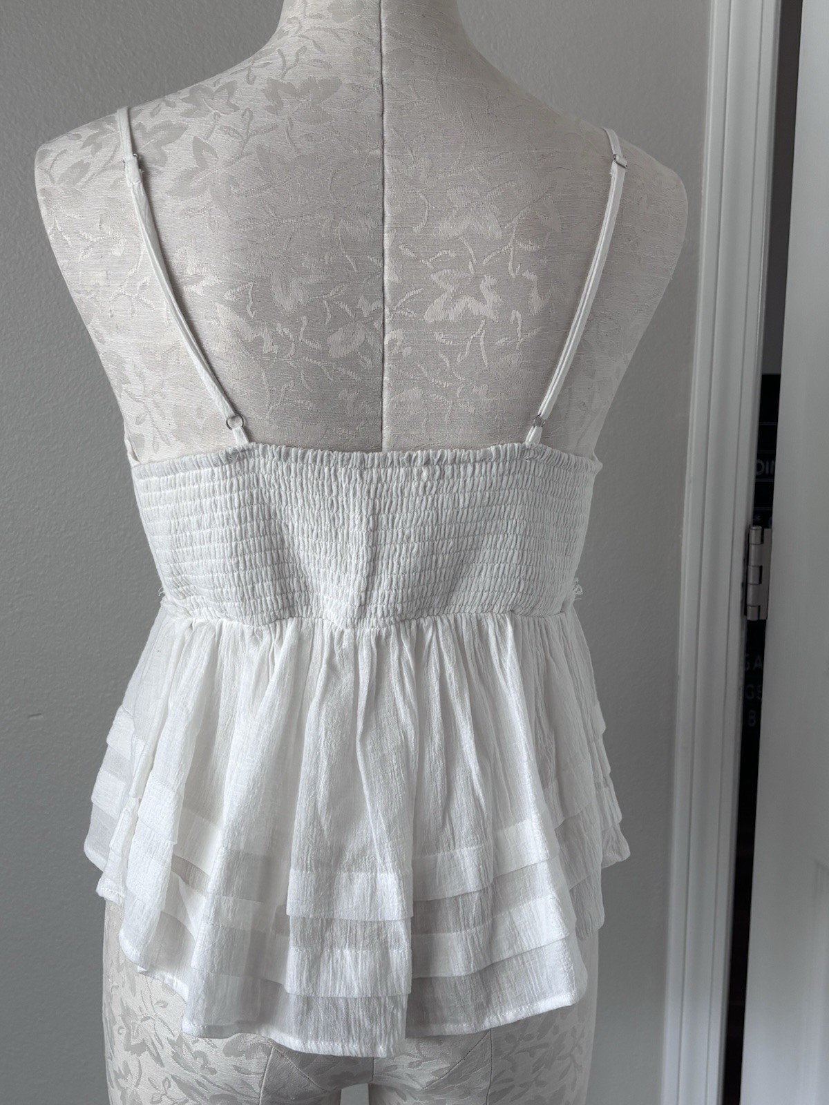 Altar’d State White V Neck Camisole Top Smocked Back Strap Ruffle Gauzy Large