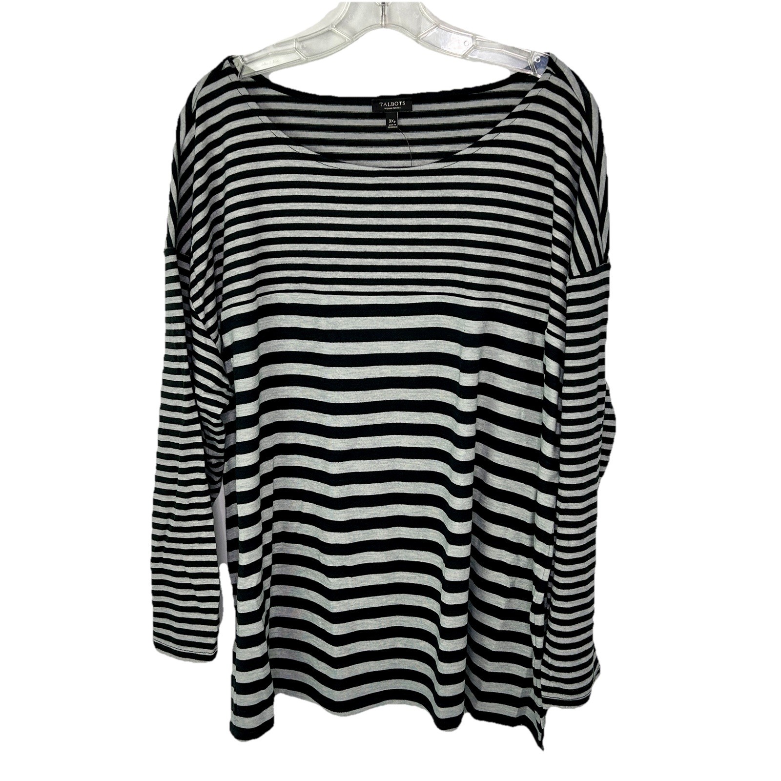 NEW Talbots Black & Gray Striped Round Neck Long Sleeve Casual Top Size 3Xp